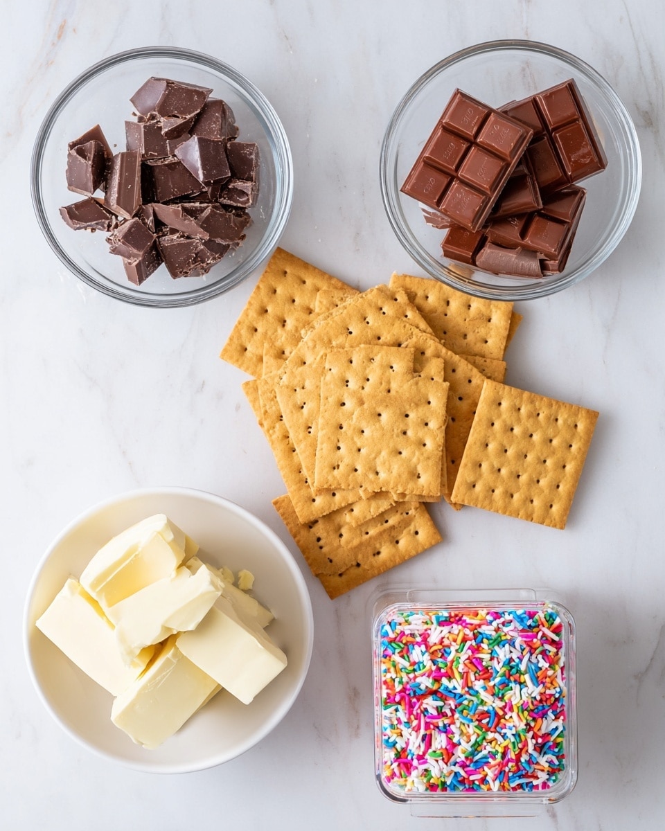 The image shows a white marbled surface with several square graham crackers arranged in a loose pile at the center. Above the crackers, there are two clear glass bowls: the left bowl holds pieces of dark brown chocolate and the right bowl contains pieces of milk chocolate in a slightly lighter brown shade. Below the crackers, on the left side, sits a small white bowl with a block of creamy white chocolate. To the right of this bowl is a clear container filled with colorful sprinkles in red, blue, green, yellow, pink, and white. The overall setup is simple, clean, and well-organized, with all items spaced evenly. photo taken with an iphone --ar 4:5 --v 7