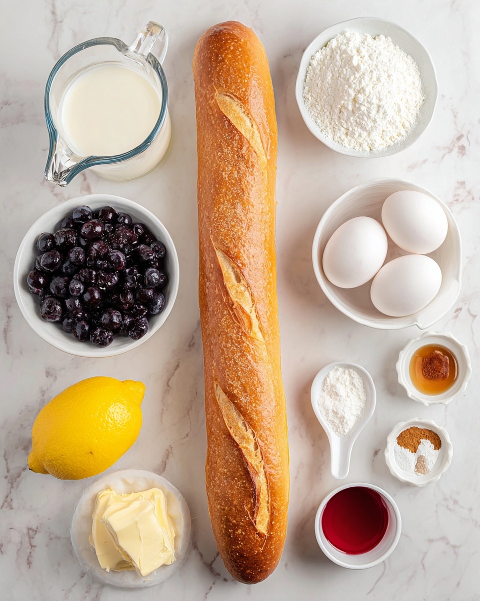 The image shows a white scalloped-edge plate with eight small slices of toasted bread arranged in a loose circle. Each slice has a creamy white spread layer topped with shiny dark purple blueberry sauce and whole blueberries, creating a vibrant contrast. The plate sits on a white marbled surface with a whole yellow lemon placed near the top left side. A beige cloth with lace edges is partially visible in the top right corner. The colors are bright and fresh, making the dish look delicious and inviting. photo taken with an iphone --ar 4:5 --v 7
