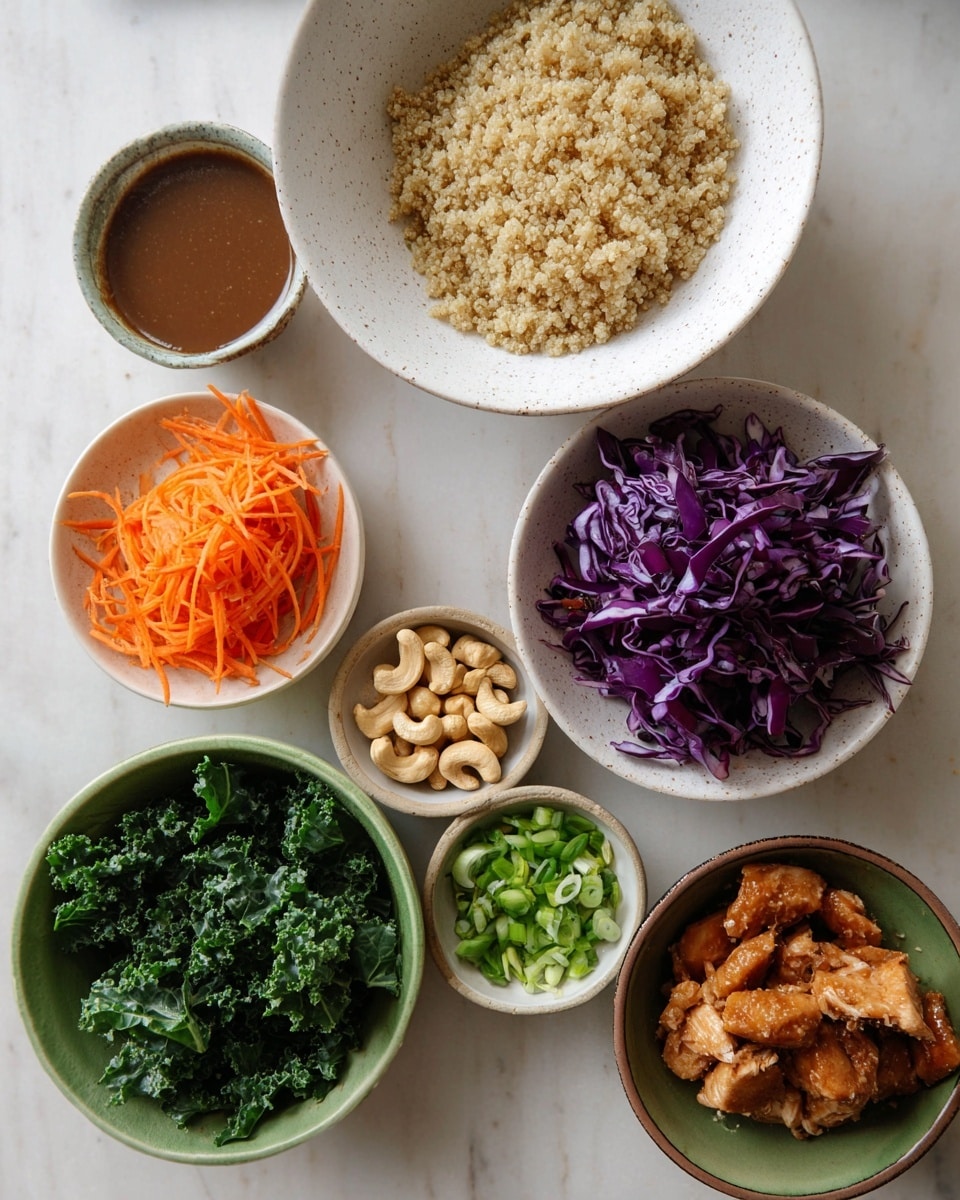 The image shows seven small bowls of ingredients arranged on a white marbled surface. The largest bowl at the top contains light, grainy cooked quinoa in pale beige. Below it, a white bowl holds bright purple shredded cabbage, and next to it, a green bowl is filled with fresh dark green kale leaves. To the left, a green bowl contains thin, curled bright orange carrot strips. In the center, a small white bowl is filled with chopped light and dark green scallions, and just below it, another small white bowl holds whole, light brown cashew nuts. On the right side, a green bowl with a brown rim holds small brown textured cooked pieces of chicken. Above this, a white bowl with speckles contains a smooth, thick brown sauce. Photo taken with an iphone --ar 4:5 --v 7