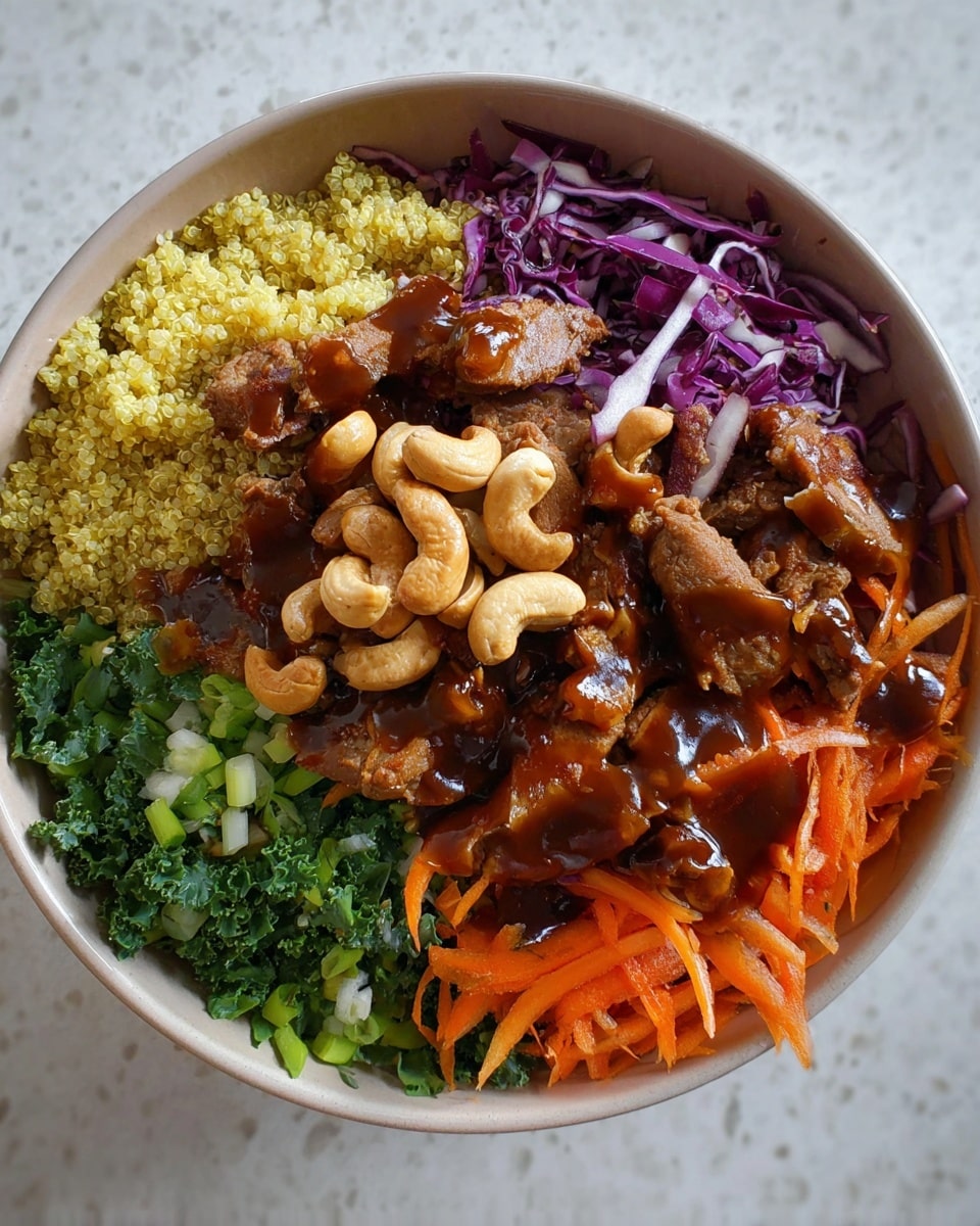 A white bowl holds a colorful layered salad starting with a base of green kale at the bottom edge, moving upward to a portion of fluffy yellow quinoa. Next to the quinoa are chopped green onions and bright orange carrot ribbons. In the center, there are chunks of cooked brown meat drizzled with a glossy brown sauce, which also lightly covers some purple shredded cabbage placed next to the meat. On top of the carrots is a cluster of whole cashew nuts with some of the brown sauce drizzled over them. The bowl is placed on a white marbled surface. Photo taken with an iphone --ar 4:5 --v 7