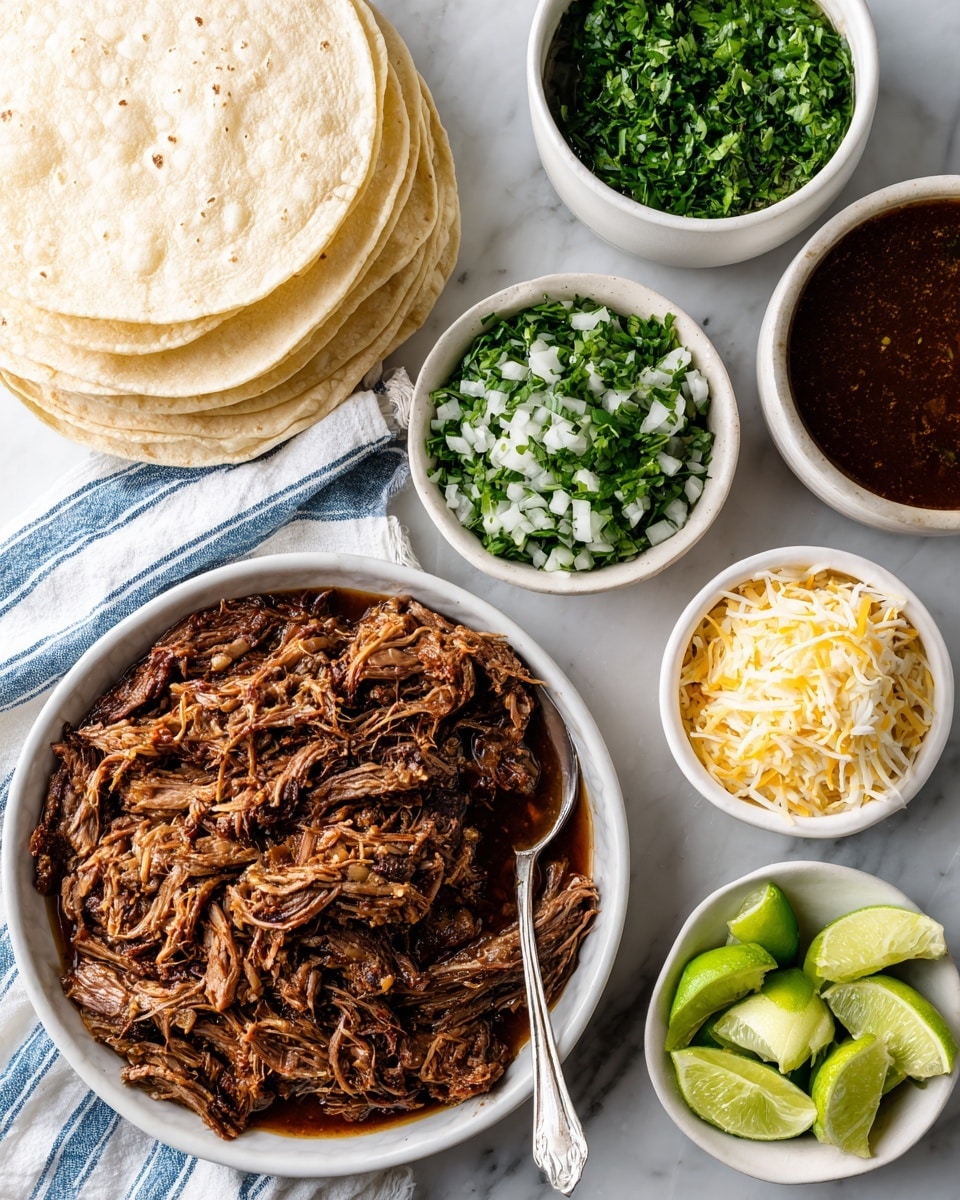 The image shows a close-up of a slow cooker birria dish set on a white marbled surface. In the center is a plate filled with rich, shredded brown slow cooker birria meat with a metal spoon resting inside. Surrounding it are several small white bowls: one with dark reddish-brown consomé broth, one with bright green chopped cilantro, another filled with shredded pale yellow cheese, and a bowl of finely chopped white onions. To the left is a neat stack of white corn tortillas partly covered by a white cloth with blue stripes. On the bottom right, a small plate holds fresh lime wedges. The whole scene captures a colorful, textured spread of birria meal ingredients photo taken with an iphone --ar 4:5 --v 7