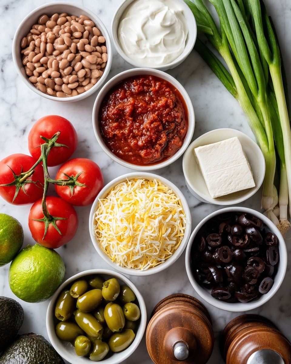 The image shows several small white bowls filled with different ingredients arranged in a neat layout on a white marbled surface. At the top left is a bowl with light brown refried beans, next to it on the right is a bowl with chunky red salsa. Above that is a bowl with smooth white sour cream. Below, a bowl filled with yellow and white shredded cheese is seen, and near it on the right is a bowl with black sliced olives. Close to the olives is a bowl of green jalapenos, while further left is a white block of cream cheese. Fresh bright red tomatoes with green stems, two dark green avocados, and a green lime are placed around the bowls. On the far right, a bunch of long green onions lies beside a wooden salt container and a dark brown pepper grinder. The photo taken with an iphone --ar 4:5 --v 7