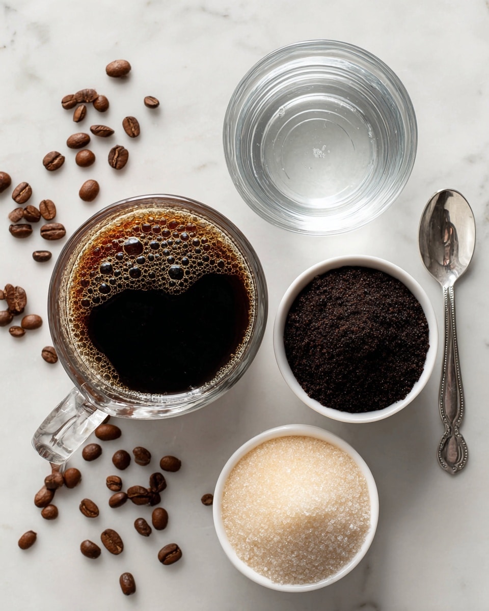 The image shows five items arranged neatly on a white marbled surface. On the left is a clear glass measuring cup filled almost to the top with strong brewed dark brown coffee, showing a few light bubbles on the surface. To its right, there is a small white bowl filled with dark brown instant coffee powder. Next to that is a larger white bowl half filled with white sugar and half with light brown gelatin powder. Behind the bowls is a clear glass measuring cup filled with clear water. A silver spoon rests on the surface near the bowls, and scattered coffee beans are placed randomly around the items. Photo taken with an iphone --ar 4:5 --v 7