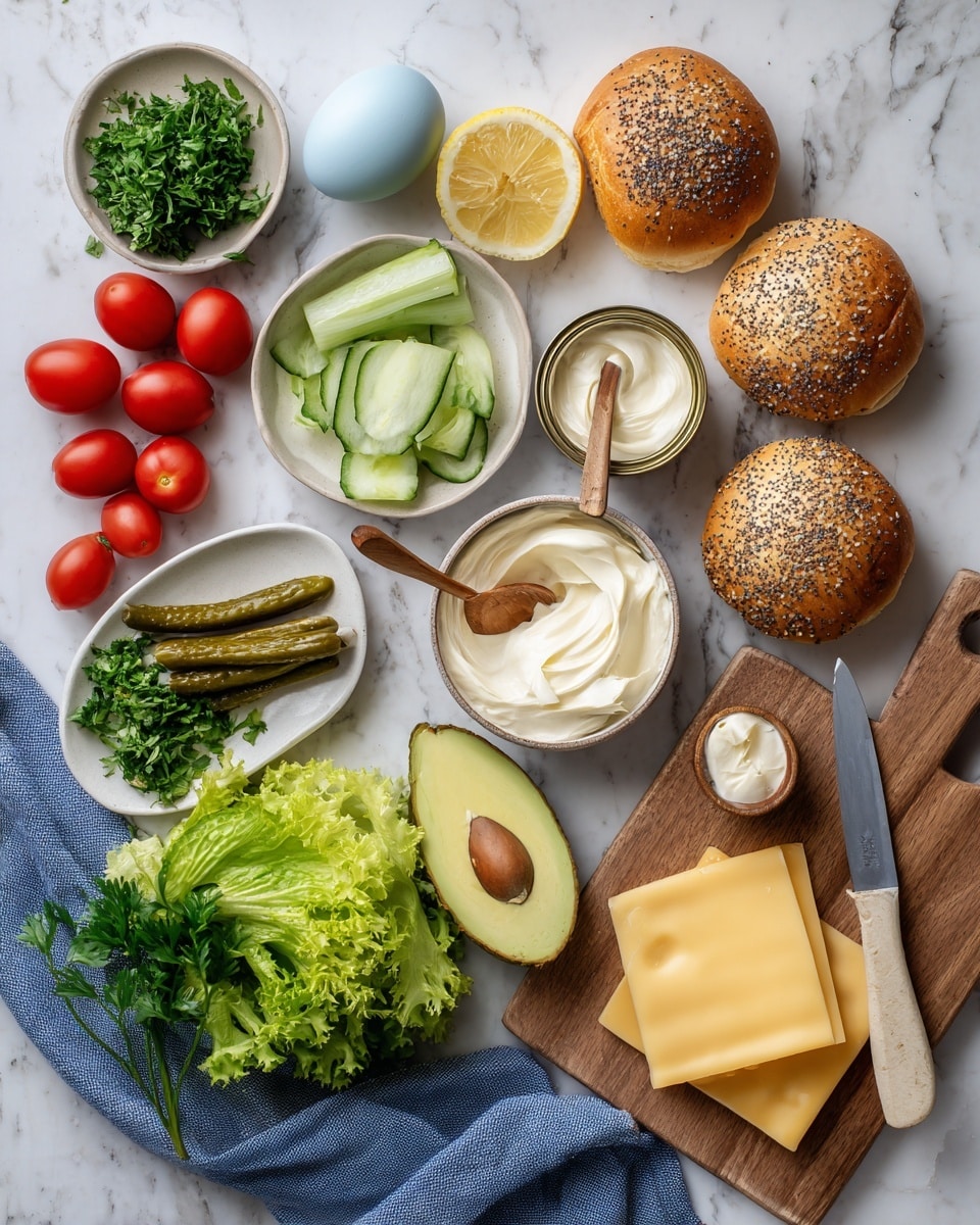 The image shows an overhead view of various sandwich ingredients arranged neatly on a white marbled surface. On the left, there are bright red cherry tomatoes beside a pale blue hard-boiled egg and green fresh parsley in a white bowl. Below are dark green cornichons and sliced pale green celery stalks next to a white plate holding thin, curled slices of cucumber. In the center, an avocado half with a brown pit sits beside an open can of pinkish canned tuna. A small round white bowl with a wooden spoon rests on a blue cloth, filled with smooth, creamy white mayonnaise, with a halved lemon above it. To the right, two fresh poppy seed round bread rolls sit on a wooden cutting board with two slices of yellow cheddar cheese and a knife with a beige handle. At the bottom, there are dark green salad greens. Small labels identify each ingredient. Photo taken with an iphone --ar 4:5 --v 7