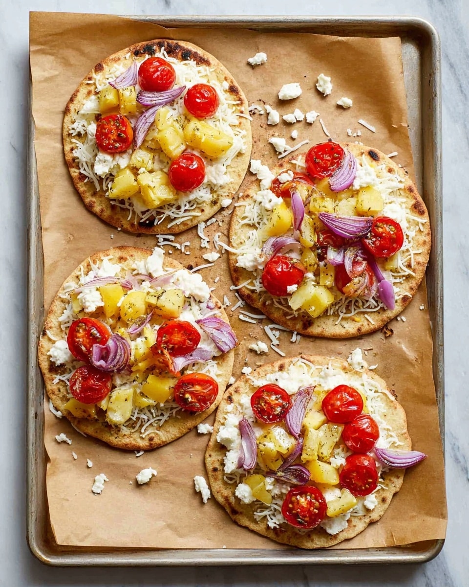 The image shows four small round flatbreads on a baking tray lined with brown parchment paper, placed on a white marbled surface. Each flatbread has three layers: the base is a light tan flatbread, the middle layer is shredded white cheese spread evenly, and the top layer has cut-up yellowish cooked pieces, bright red halved cherry tomatoes, and thin slices of purple onion arranged evenly. The colors stand out clearly against the light background and the flatbreads are arranged in a neat circular pattern with some cheese scattered around. photo taken with an iphone --ar 4:5 --v 7