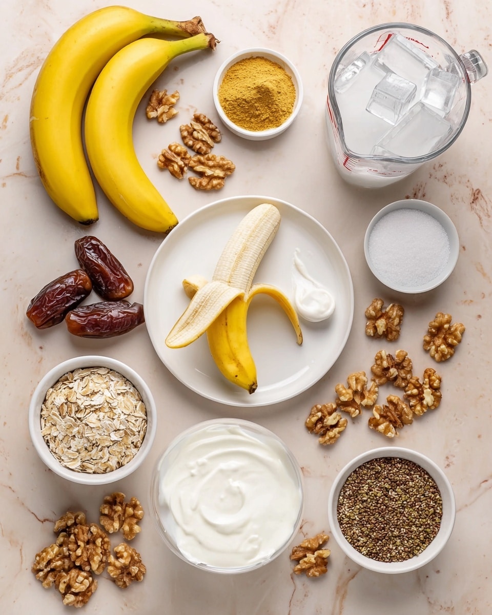 The image shows various ingredients laid out on a white marbled surface. There is a peeled banana placed on a white plate with a small white dish holding cinnamon and salt beside it. Next to the plate, there is a small white bowl filled with yellow powder, and another white bowl containing a thick white creamy substance below it. To the left, a small white bowl holds crushed nuts, while a larger white bowl is filled with ice cubes above. At the top left, a clear glass measuring cup contains milk, and two whole bananas are placed on either side of the setup. Scattered around are walnut pieces, and two small white dishes contain a date and a brown liquid syrup. Another bowl has a mix of brown flax seeds and light hemp seeds. photo taken with an iphone --ar 4:5 --v 7
