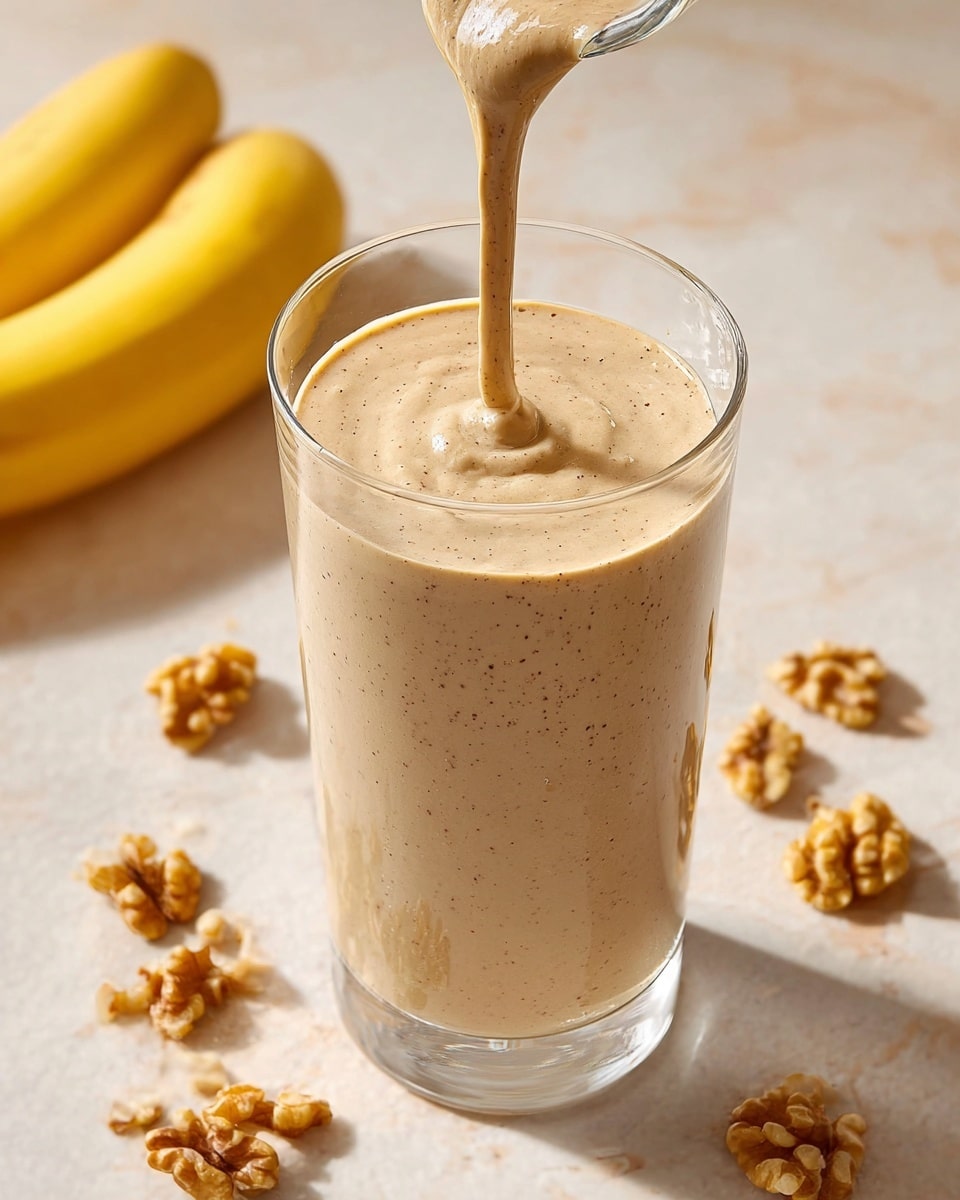 A tall clear glass filled with a creamy, light brown smoothie that has small darker specks throughout. The smoothie is shown being poured in from above, creating a small peak in the center on the top surface. Around the glass on a smooth white marbled surface are scattered walnut halves and two whole yellow bananas in the background, adding context to the ingredients. The lighting is soft and natural, highlighting the smooth texture and thickness of the smoothie. photo taken with an iphone --ar 4:5 --v 7