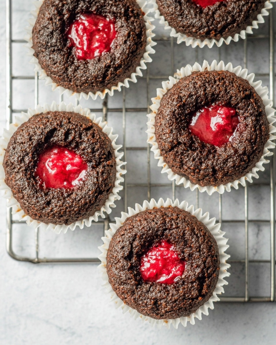 The image shows five chocolate muffins arranged on a cooling rack over a white marbled surface. Each muffin has one visible layer: a dark brown, slightly textured chocolate cake base with a glossy, bright red berry filling in the middle top part of each muffin. The muffins are wrapped in white paper liners with crisp edges. The lighting is natural, highlighting the rough cake tops and shiny red filling. The overall look is neat and appetizing. photo taken with an iphone --ar 4:5 --v 7