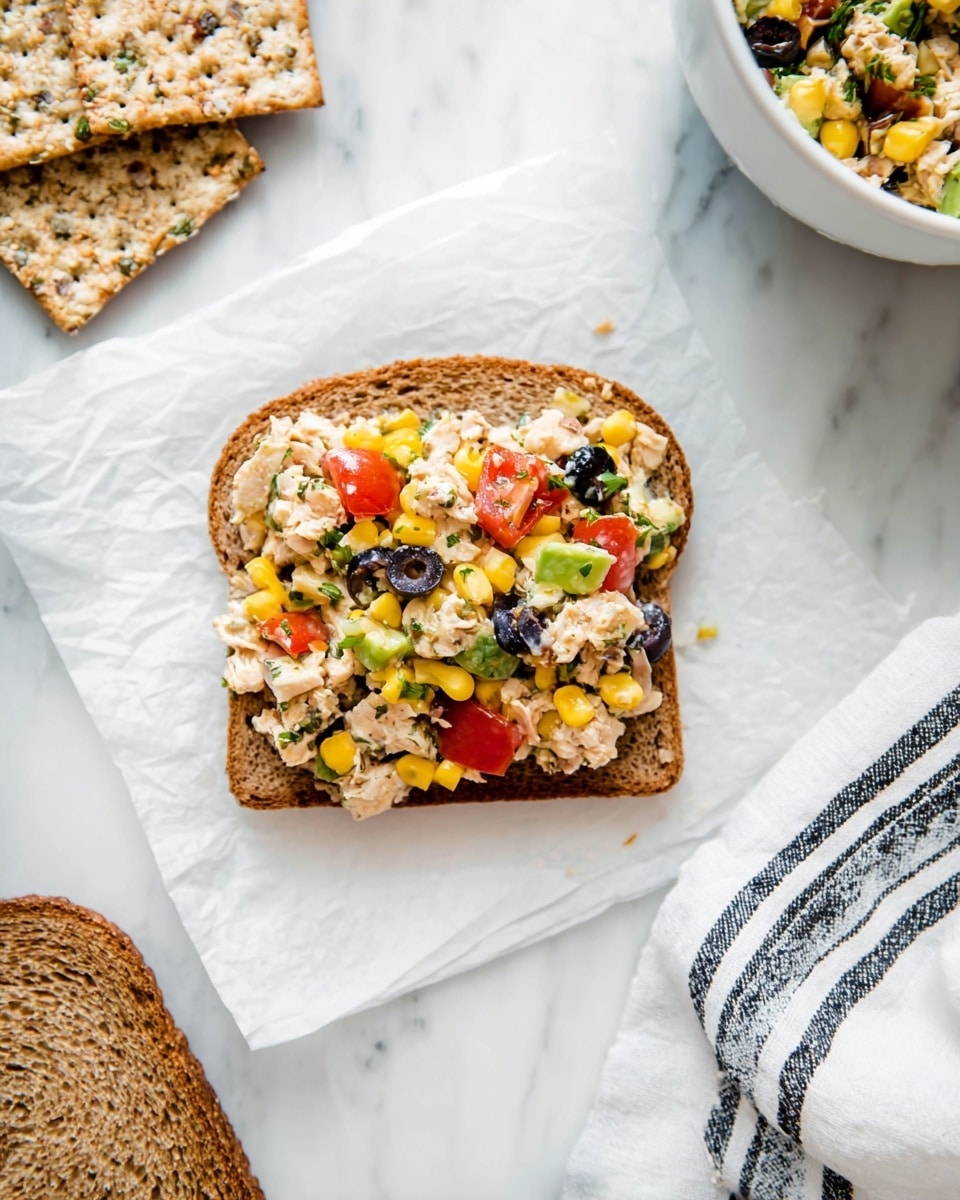 A single slice of toasted whole grain bread is placed on a piece of white parchment paper over a white marbled surface. On top of the bread is a colorful mixture of layers, including small chunks of light-colored chicken, bright yellow sweet corn, red diced tomatoes, black olive slices, and bits of green avocado. The textures combine soft and slightly chunky, giving a fresh and healthy look. To the side, there is a corner of another toasted bread slice and a few multigrain crackers. Part of a white bowl filled with more of the same salad mixture is visible at the top right corner. A white cloth with thin black stripes is draped in the top left corner. Photo taken with an iphone --ar 4:5 --v 7