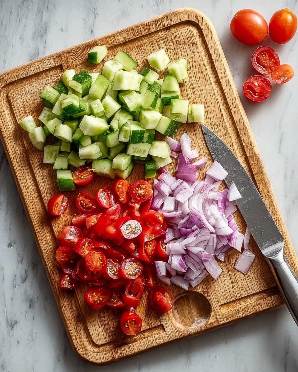 A wooden cutting board on a white marbled surface holds three groups of freshly chopped vegetables evenly spaced: green cucumber cubes on the left, bright red halved cherry tomatoes in the center, and thin slices of purple-red onion on the right. To the right of the cutting board is a knife with a silver blade and handle resting on the board. Two whole cherry tomatoes and a halved tomato sit on the marbled surface above the board. The lighting is soft and natural, highlighting the fresh textures of the vegetables photo taken with an iphone --ar 4:5 --v 7
