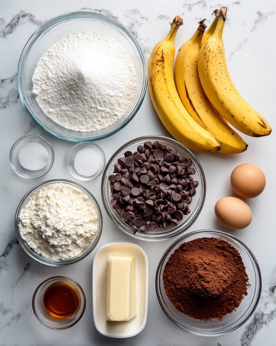 The image shows several bowls and items placed on a white marbled surface, each containing different baking ingredients. At the top left, there is a large clear glass bowl filled with white sugar, and to its right, two yellow bananas with a few brown spots rest side by side. Below the sugar bowl, a smaller clear glass bowl holds white flour. In the center sits a medium clear glass bowl full of dark chocolate chips. To the right of this, there is another medium clear glass bowl filled with brown cocoa powder. Near the bottom right corner lies a stick of light yellow butter. Two brown eggs sit near the center-bottom, close to a small white bowl with white baking powder inside. A small clear glass bowl with salt is positioned close to the flour bowl, and a small white bowl containing amber vanilla extract sits near the bottom left. The labeling text in black font clearly names each ingredient on or near each container. The photo is taken with an iphone --ar 4:5 --v 7