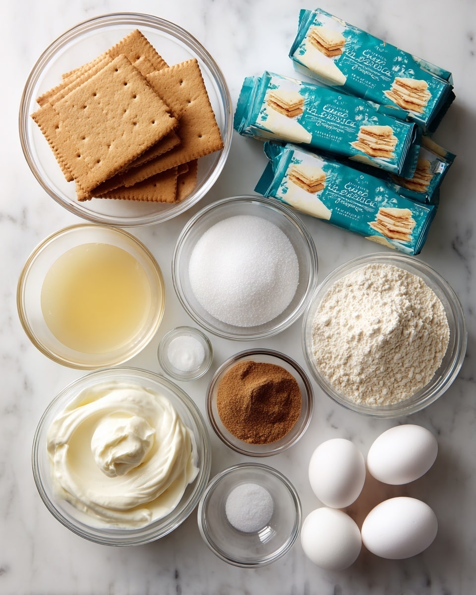 A top-down view of several clear glass bowls and stacks neatly arranged on a white marbled surface. The largest bowl at the top center holds rectangular light brown graham crackers. To the right, there are three stacked foil packages of cream cheese with decorative teal and blue labels. Below the crackers, a medium-sized bowl is filled with white granulated sugar. Next to it, a slightly smaller bowl contains white sour cream with a soft texture. Towards the bottom left, there is a bowl with melted unsalted butter, showing a mix of clear liquid and pale yellow solid. Below and to the right, a bowl holds four smooth white eggs. In the center, three small bowls contain light beige cornstarch, dark brown espresso powder, and granulated brown sugar in a clumped form. At the bottom center, a small glass with vanilla extract and a tiny bowl of white salt are placed close together. All ingredients are clearly labeled. Photo taken with an iphone --ar 4:5 --v 7