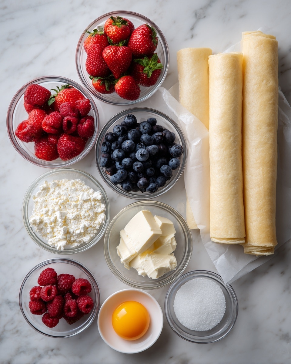 Four small round pastries are placed on a white marbled texture with parchment paper underneath. Each pastry has a golden-brown circular base, topped with a smooth layer of white cream. On two pastries, there are blackberries and blueberries arranged in the center. On the other two, there are raspberries and blueberries placed neatly on top of the cream. A woman's hand is holding a brush with a green silicone tip, brushing the edges of one of the pastries with berries. The lighting is natural, showing the textures and colors clearly. Photo taken with an iphone --ar 4:5 --v 7