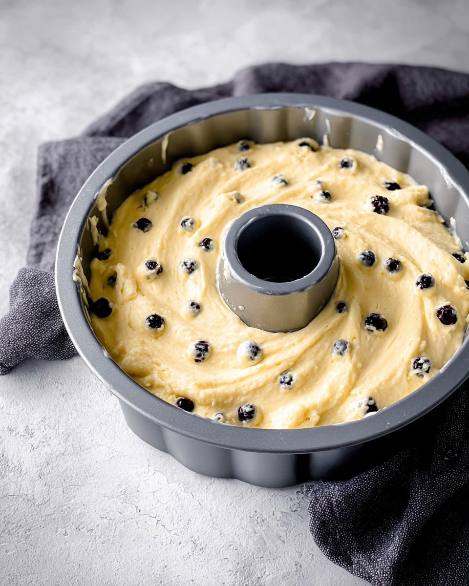 The image shows a gray bundt pan filled with light yellow cake batter that has small dark blueberries spread evenly inside. The batter looks smooth and slightly thick, filling the pan almost to the top but leaving the center tube visible. The pan is placed on a white marbled surface with a dark gray cloth napkin folded behind it. Light is shining from above, highlighting the texture of the batter and the shape of the pan. photo taken with an iphone --ar 4:5 --v 7