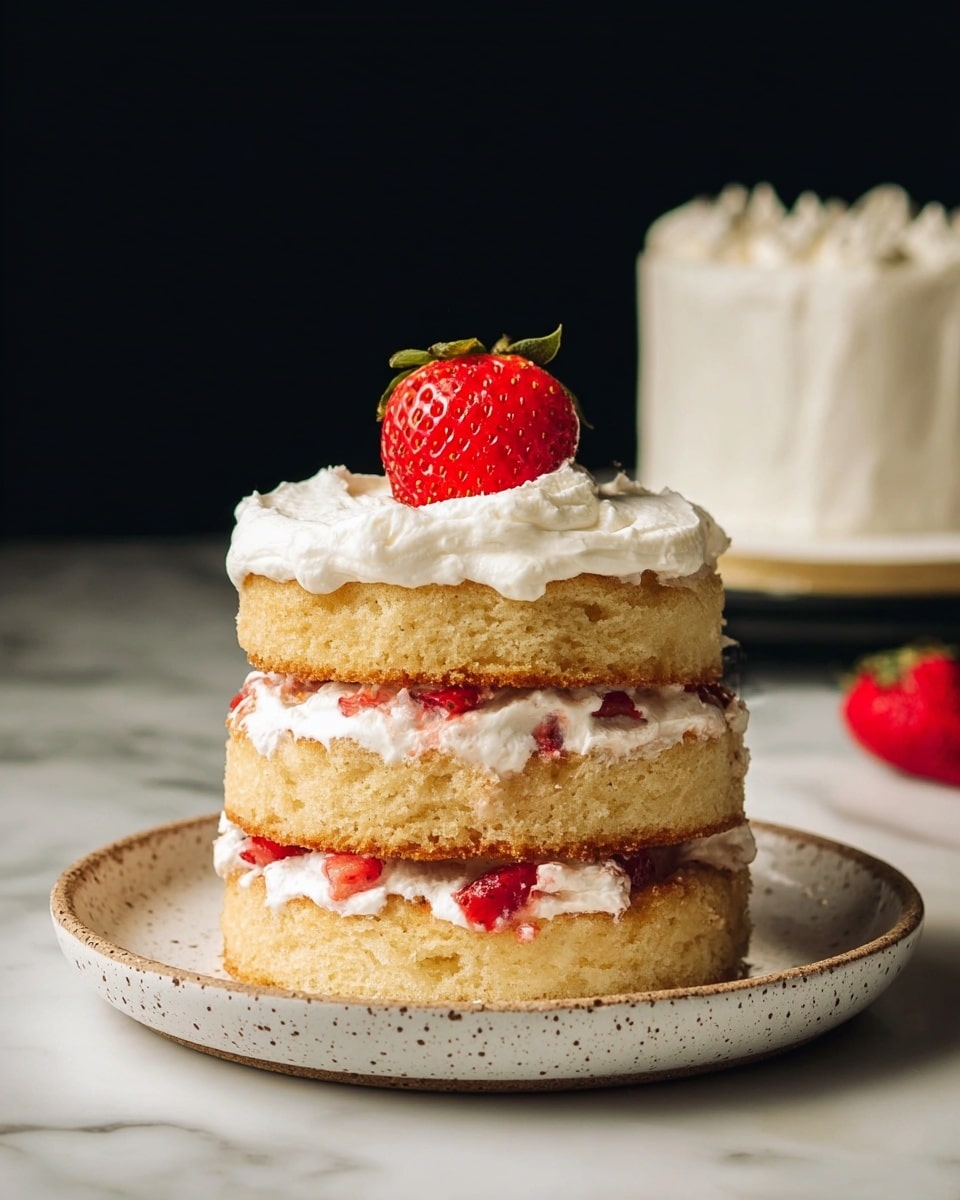 The image shows a three-layer cake on a white speckled plate placed on a white marbled surface. The cake has three thick, light golden sponge layers. Between each sponge layer, there is a thick layer of white cream mixed with small pieces of red strawberries. On top of the cake is a generous layer of white cream. A single bright red strawberry sits on the top cream layer in the middle. In the background, slightly out of focus, there is a white frosted round cake on a black plate. The background behind the cakes is black. photo taken with an iphone --ar 4:5 --v 7