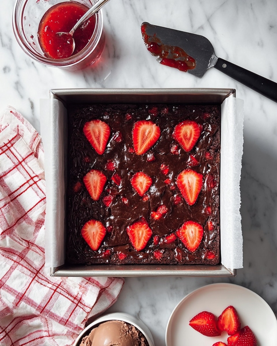 A square metal baking pan lined with white paper holds dark chocolate brownie batter mixed with chunks of red strawberries visible throughout and topped with eight evenly spaced fresh red strawberry slices, all resting on a white marbled surface. Above the pan is a clear glass bowl with red raspberry jam and a black-handled spreader knife with some jam on the blade. Below, part of a white plate contains two strawberry slices, alongside a white bowl with chocolate-strawberry ice cream and a metal spoon inside it. A white and red checkered cloth is partially seen at the bottom left corner. photo taken with an iphone --ar 4:5 --v 7