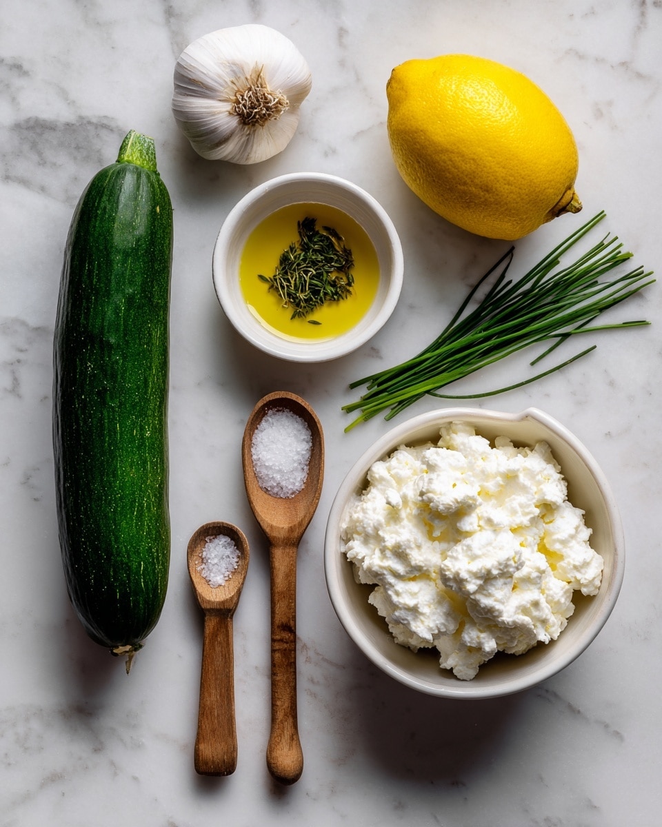 The image shows a top view of fresh cooking ingredients arranged neatly on a white marbled surface. There is a dark green cucumber lying horizontally on the left side, a whole yellow lemon to the right of the cucumber near the top, and a single white garlic clove placed between them. Below the lemon and garlic, there is a small white bowl filled with fresh green herbs like chives. At the bottom right, a white bowl contains creamy white cottage cheese with a slightly lumpy texture. To the left of the bowl are two wooden measuring spoons, one holding golden olive oil and the other a coarse white salt. Each ingredient is labeled with black boxes and white text identifying cucumber, lemon juice, garlic, herbs, cottage cheese, olive oil, and salt. The background texture and simple arrangement highlight the freshness and natural colors of the ingredients. photo taken with an iphone --ar 4:5 --v 7