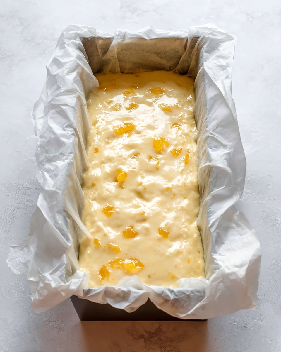 A rectangular metal loaf pan lined with wrinkled white parchment paper holds a thick, pale yellow batter filled with small orange fruit pieces evenly spread on the surface. The batter looks smooth and creamy, sitting loosely in the center of the pan with the parchment paper edges rising above it. The pan rests on a white marbled surface, giving a clean and bright background. photo taken with an iphone --ar 4:5 --v 7