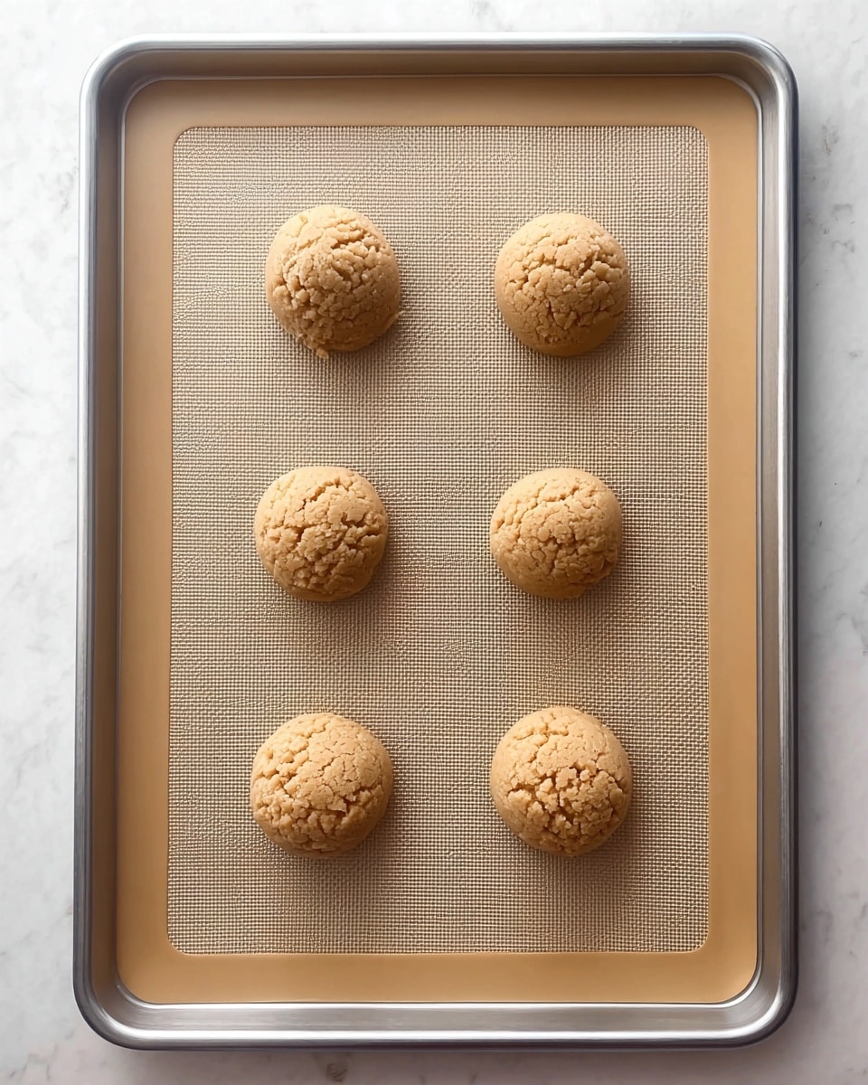 Six round balls of light brown cookie dough are placed evenly in two columns and three rows on a beige silicone baking mat. The mat is set inside a rectangular silver metal baking tray, all resting on a white marbled surface. The cookie dough balls have a rough and slightly cracked texture on top, showing a soft and thick consistency. photo taken with an iphone --ar 4:5 --v 7