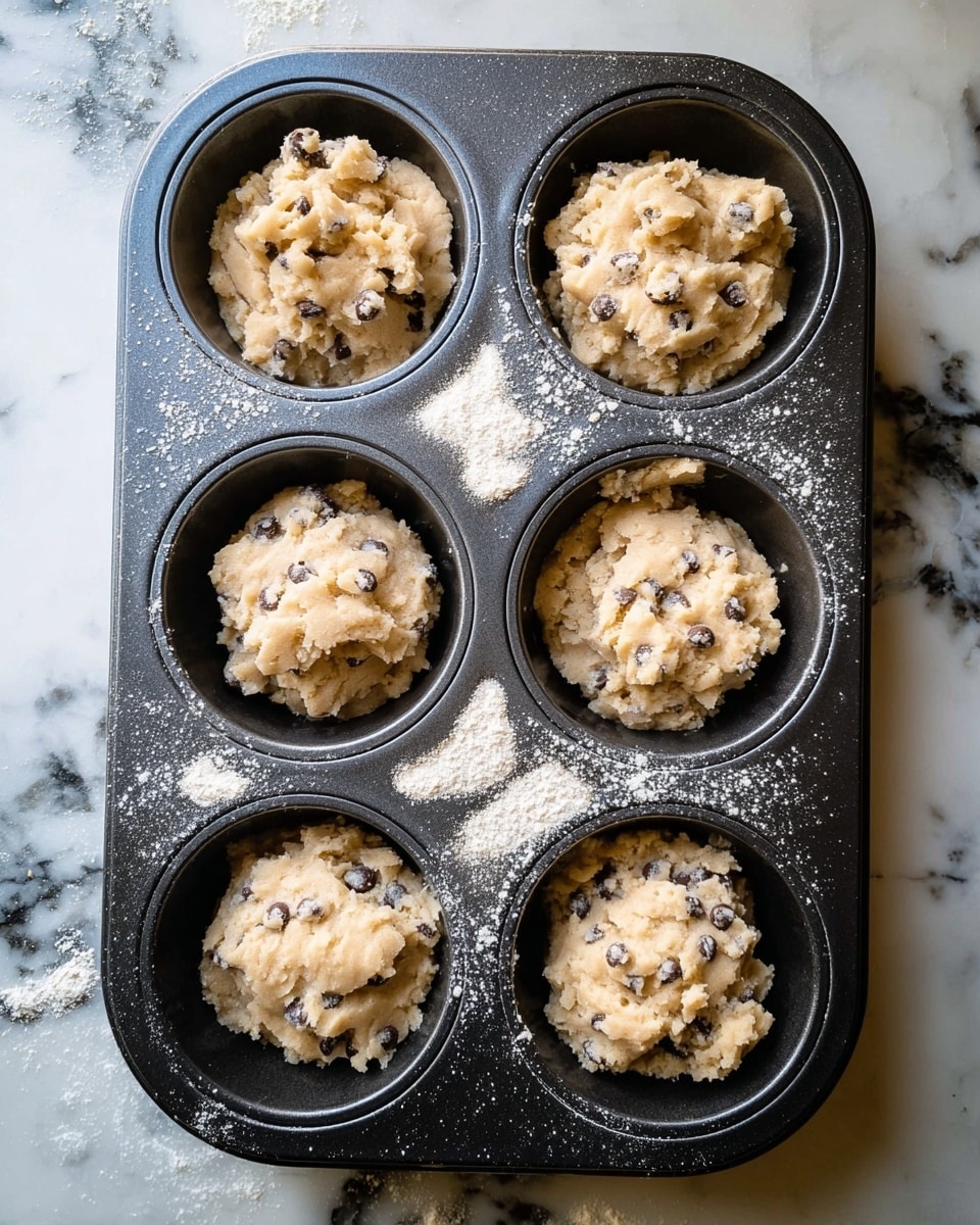 A black muffin tray holds six uneven mounds of cookie dough, each filled with small chocolate chips. The dough is light tan with a slightly crumbly texture and small, uneven lumps on top that look soft and wet. The tray is resting on a white marbled surface with black and grey veins. Some small crumbs and light dusting of flour or sugar are scattered around the muffin holes. The overall scene looks ready for baking with a close view from above. photo taken with an iphone --ar 4:5 --v 7