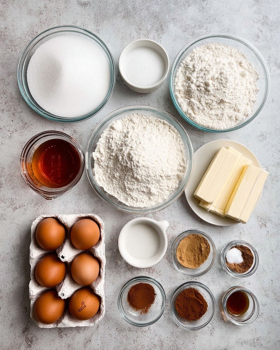 A flat layout of baking ingredients is shown on a white marbled surface, including one large clear glass bowl filled with white granulated sugar at top left, another large bowl with fluffy white powdered sugar top right, and a medium clear glass bowl full of white flour near the bottom right. To the right of the flour are three sticks of butter, their paper wrappers still on. Near the bottom left, there is a white carton holding six brown eggs. A glass measuring cup filled with amber-colored maple syrup sits near the bottom center. Smaller white bowls and clear glass containers hold various brown and white powders and spices, including cinnamon, nutmeg, salt, and vanilla extract. The overall color palette is neutral with white, brown, and amber tones. Photo taken with an iphone --ar 4:5 --v 7