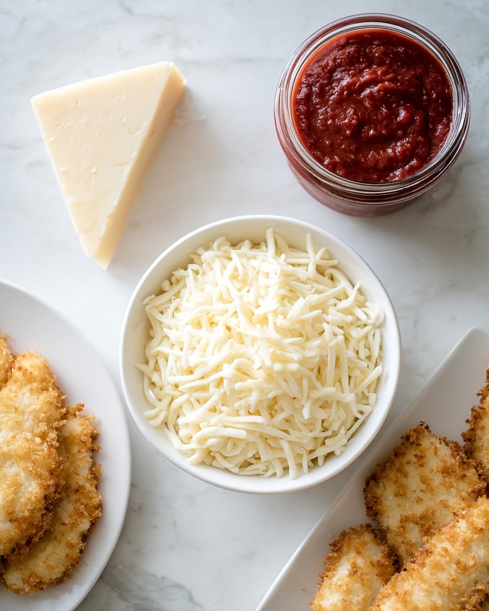 A white bowl filled with shredded mozzarella cheese sits on a white marbled surface in the top center of the image. Below and to the left of the bowl is a triangular wedge of pale yellow parmesan cheese, resting on the marbled surface. To the lower left is an open glass jar of red pasta sauce, showing a thick texture inside. On the right side on a white plate are several breaded chicken fingers with a golden-brown crispy texture, piled to cover most of the plate. The whole scene is bright and clean with a white marbled background. Photo taken with an iphone --ar 4:5 --v 7