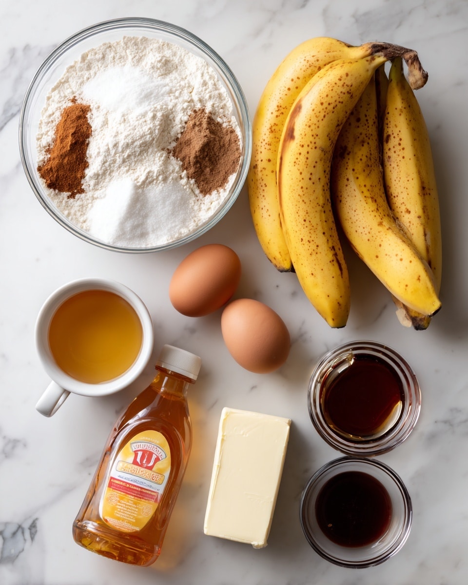 The image shows labeled ingredients for baking on a white marbled surface. On the top left, there is a clear glass bowl filled with a white powdery mix of flour, baking soda, cinnamon, and salt, with piles of brown cinnamon and white baking soda visible near the center. To the right, there are four ripe bananas with yellow skins marked with many brown spots. Below the bowl, two brown eggs sit close together. A white cup filled with golden honey is placed near the bottom left. Just right of the honey, a clear plastic honey bottle with a yellow and orange label stands upright. To the right of the honey bottle, a small clear glass bowl contains dark brown vanilla extract. At the bottom center, a stick of unsalted butter in white and cream packaging lies flat. photo taken with an iphone --ar 4:5 --v 7