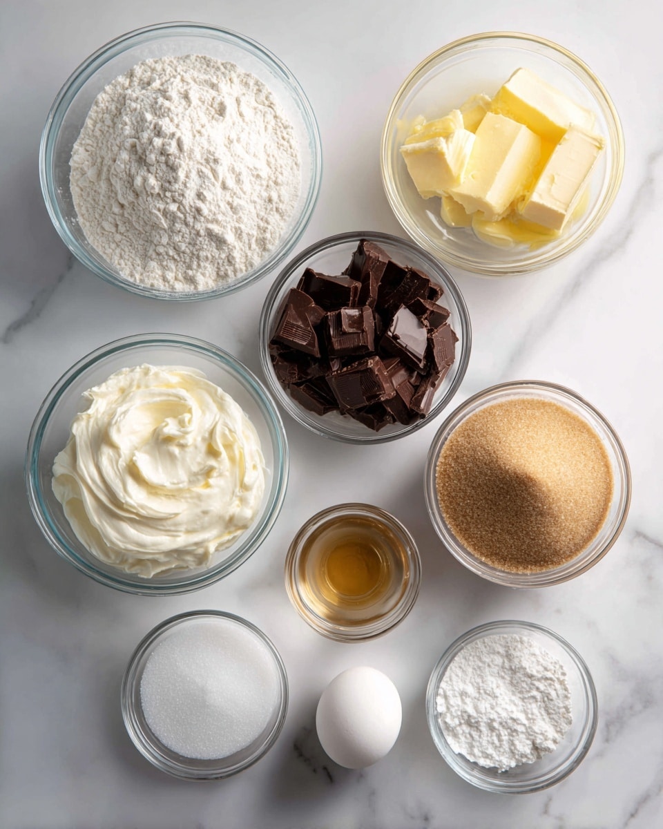 Nine clear glass bowls are arranged on a white marbled surface, each holding a different baking ingredient. In the top left is a bowl filled with white flour labeled