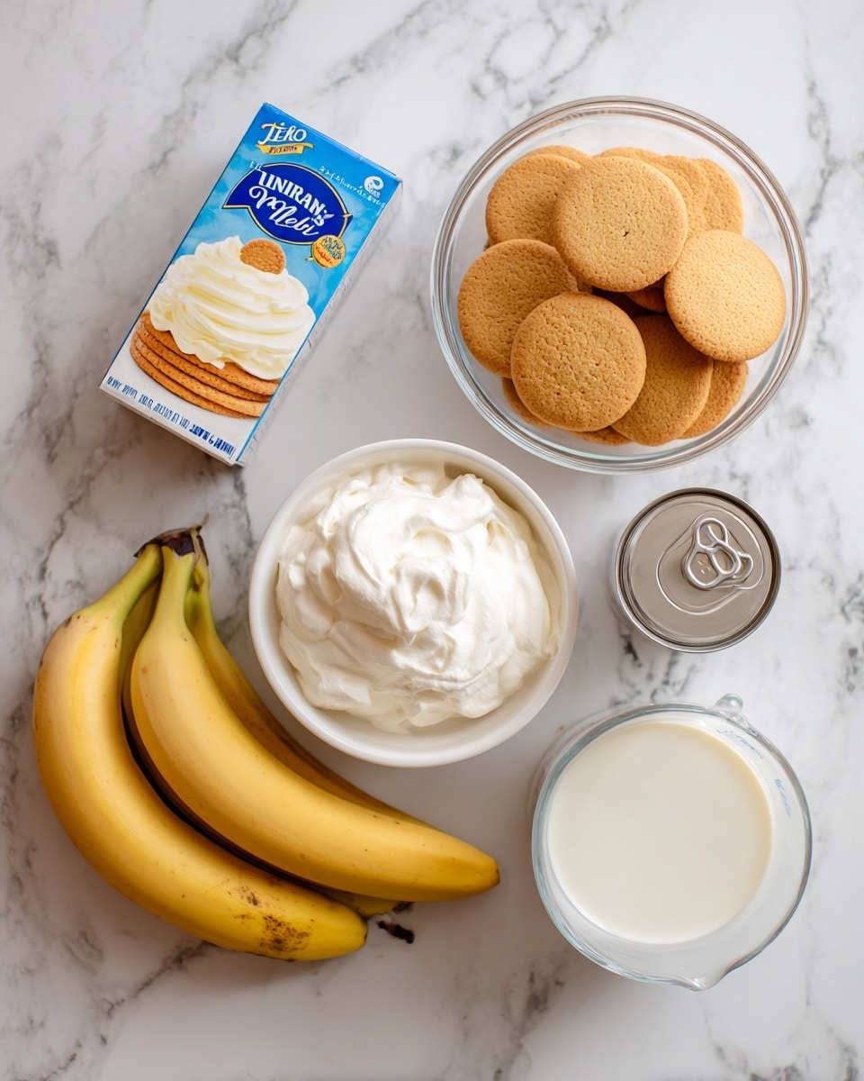 The image shows ingredients for a dessert arranged on a white marbled surface. There is a box of Jell-O vanilla instant pudding mix in the top left, and next to it on the right is a blue box of Girl Scout Trefoils cookies with images of people and cookies on it. Below the pudding mix, there is an opened can of sweetened condensed milk showing its light creamy content. In the center is a white bowl filled with smooth, white Cool Whip. Below the bowl and to the left are three ripe yellow bananas with a few brown spots. On the bottom right is a clear glass measuring cup filled with white milk, visible through its transparent sides. All items are spaced out evenly, and the surface underneath is white marble with subtle grey veins. Photo taken with an iphone --ar 4:5 --v 7