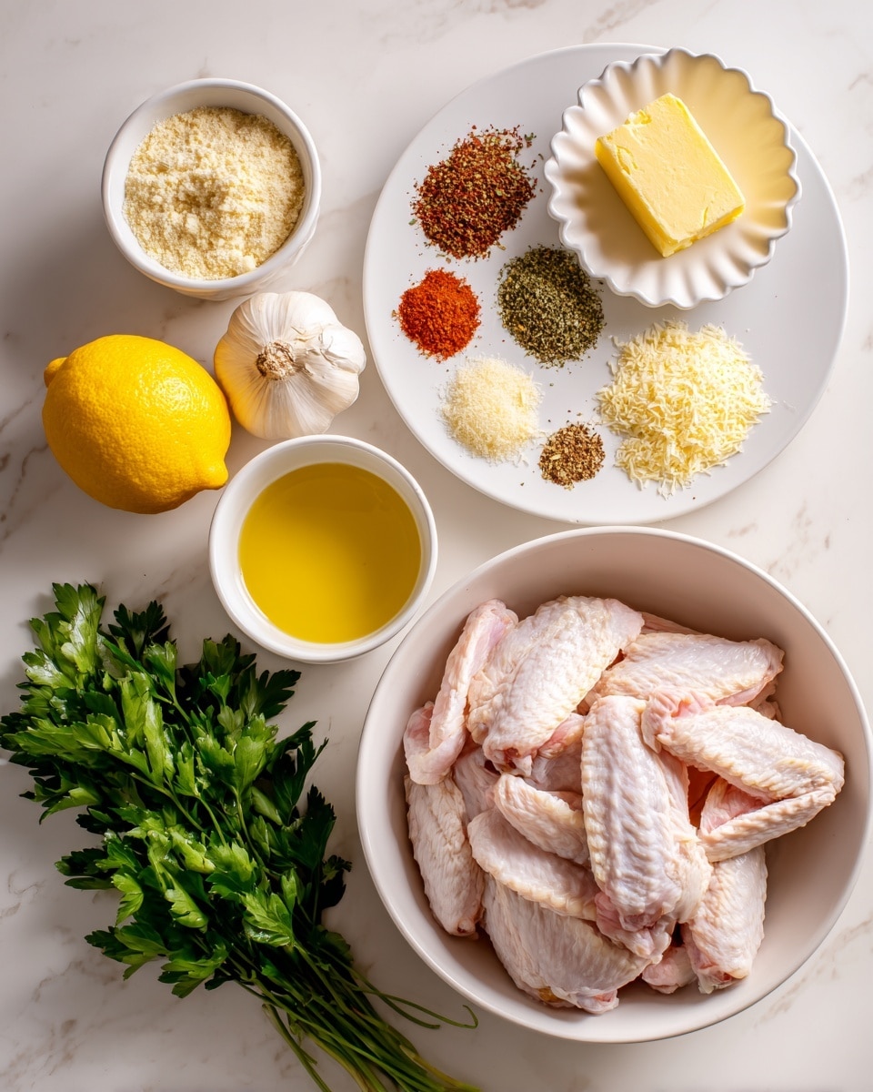 A white bowl filled with raw chicken wings showing light pink skin and some fat, placed bottom right on a white marbled surface. Above the bowl, there is a white plate holding a mix of spices in small heaps, with different colors including green, brown, red, and beige. A white scalloped bowl above that holds crumbs of butter and grated cheese, with a solid yellow chunk in the center. To the left of the bowl is a bright yellow lemon, a whole bulb of garlic, and a small bunch of fresh green parsley with leafy texture. At the bottom left, there is a small white bowl filled with a golden yellow liquid butter. Another small white bowl at top left contains finely grated pale yellow cheese. The whole setup is spread out carefully to show each ingredient clearly. Photo taken with an iphone --ar 4:5 --v 7