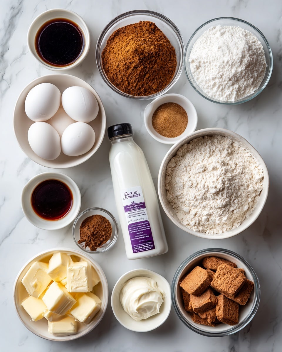 The image shows several clear glass bowls and white bowls arranged on a white marbled surface, each filled with different baking ingredients. There is one bottle of plain kefir positioned in the middle with a purple and white label. The bowls contain molasses (dark thick liquid), two white eggs, a bowl with a mix of all-purpose flour and brown spices (cinnamon, nutmeg, ginger), brown sugar, powdered sugar, cream cheese, sour cream, and unsalted butter in square pieces. A small bowl holds vanilla extract, a dark brown liquid. Each ingredient is clearly labeled with white tags and black text next to or on the bowls. The arrangement is neat and well spaced. Photo taken with an iphone --ar 4:5 --v 7