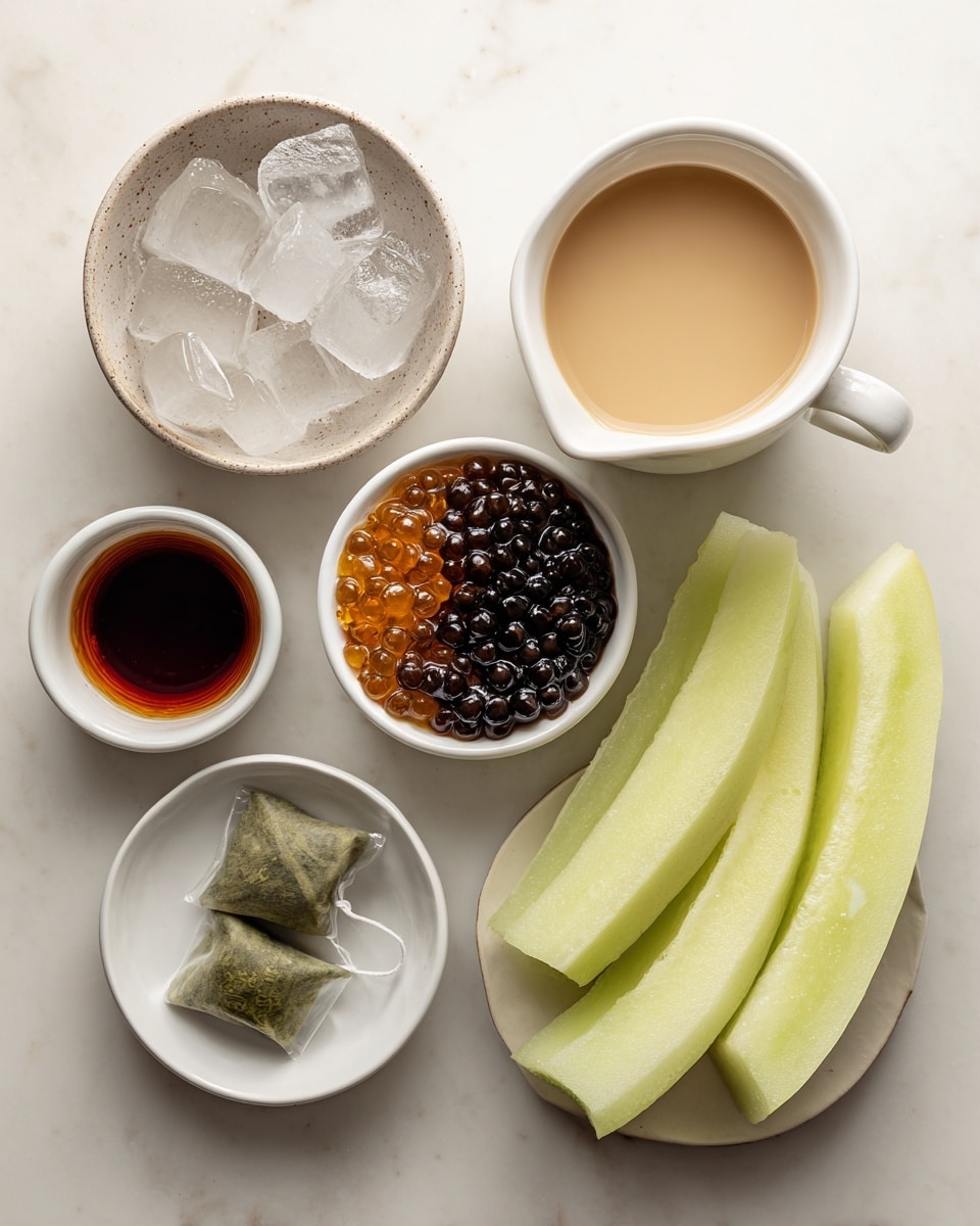 A top-down view of six ingredients arranged neatly on a white marbled surface. At the top left is a small round bowl filled with clear ice cubes. To the right of the ice is a white creamer filled with light beige almond milk. Below the ice, there is a small dark cup containing dark maple syrup. To the right of the syrup is a white cup filled with dark tapioca pearls, some with an orange tint. At the bottom left is a small white bowl with two green tea tea bags inside. Finally, at the bottom right is a white plate with three long slices of pale green honey dew melon. Each item is labeled with black text on a white background. photo taken with an iphone --ar 4:5 --v 7