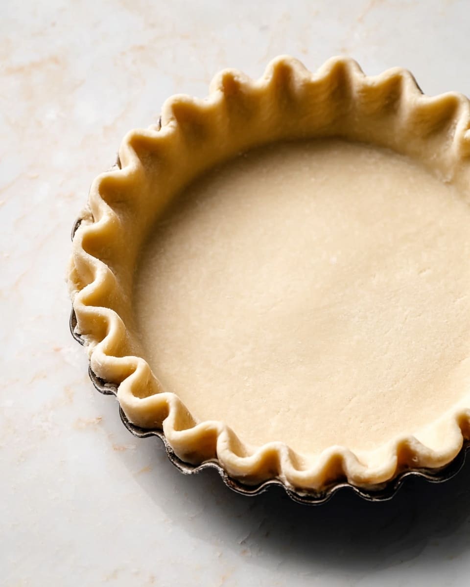 A close-up view of an unbaked pie crust placed inside a metal pie pan, with a thick, even layer of light beige dough forming the base and sides. The dough edges are carefully crimped in a wavy pattern all around the rim, creating a textured border. The pie pan sits on a white marbled surface, adding a clean and simple background. The dough looks smooth and slightly soft, ready for baking photo taken with an iphone --ar 4:5 --v 7
