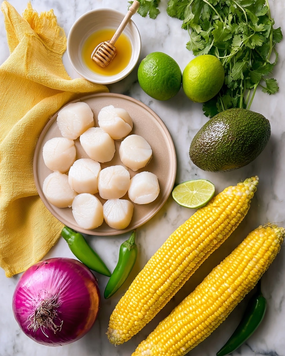 The image shows fresh cooking ingredients on a white marbled surface. On the left, there is a beige plate holding ten smooth, white scallops arranged in two rows. Above the plate, a small white bowl with golden honey and a wooden honey dipper sits on a yellow cloth. To the right of the plate, two ears of yellow corn with some green husk still on are placed side by side. Above the corn are two bright green limes and a single green jalapeño pepper. At the top right is a large green avocado, and next to it is a large red onion with purple and white skin. Fresh green cilantro with leafy stems is at the top center. Photo taken with an iphone --ar 4:5 --v 7