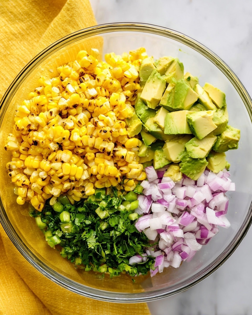 A clear glass bowl on a white marbled surface holds five layers of fresh ingredients arranged side by side. The top left layer is grilled corn kernels with some char marks, showing a bright yellow color with hints of brown. Next to it, on the top right, is diced avocado with a light green and slightly creamy texture. Below the avocado, there are finely chopped red onions with a pale purple color. At the bottom left, there are small pieces of green chili peppers, and next to it, finely chopped fresh cilantro with a dark green shade. The bowl sits on a yellow cloth. photo taken with an iphone --ar 4:5 --v 7