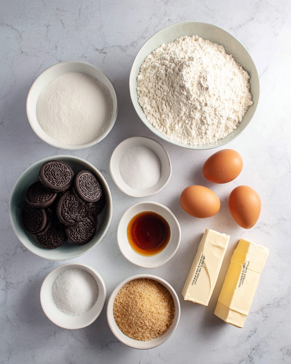 The image shows nine white bowls and two eggs on a white marbled surface. The largest bowl, placed at the top center, is full of flour with a powdery texture. Below and to the left is a bowl with granulated white sugar, smooth and fine. To the right of this is a bowl stacked with dark chocolate sandwich cookies, showing detailed patterned tops. Below the sugar is a bowl of light brown sugar, grainy and slightly clumped. Near the bottom center is a small bowl with amber-colored vanilla extract. To the right of the vanilla extract, two brown eggs lie side by side. Next to the eggs on the right are two sticks of butter in paper wrappers, showing measurement markings. Above the eggs and butter are three small bowls with white powders: salt, baking soda, and another baking powder, each bowl holding a small amount. All bowls and items rest neatly on the white marbled surface, viewed from above. photo taken with an iphone --ar 4:5 --v 7