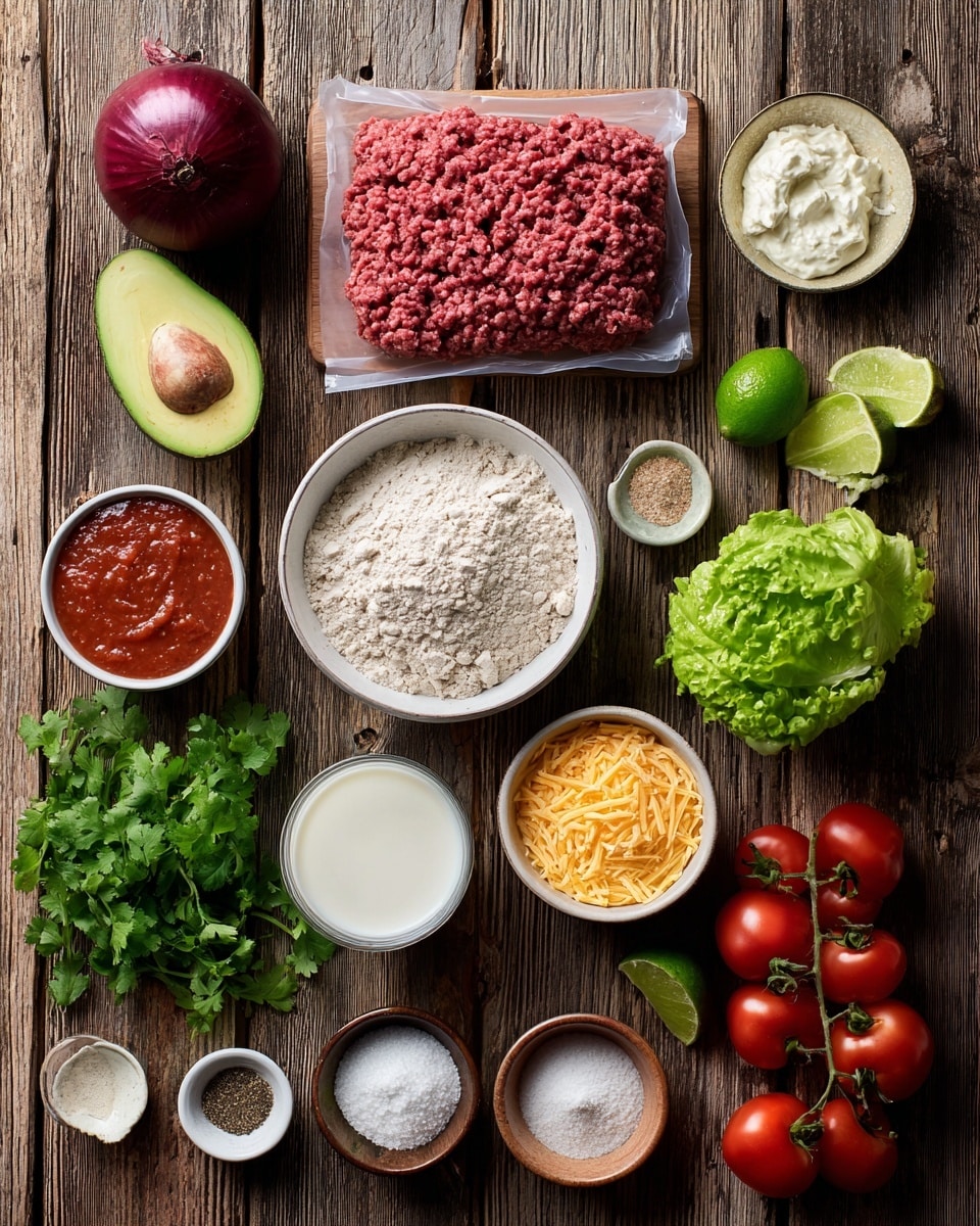 A top-down view of various cooking ingredients arranged neatly on a wooden surface: a packet of ground beef in the center, a white bowl full of all-purpose flour below it, and a few measuring cups holding almond flour, tomato sauce, sour cream, honey, and cheddar cheese around it. Fresh produce includes a whole red onion, a lime, an avocado, cherry tomatoes in a small container, a bunch of cilantro, and a long head of lettuce. Small bowls and spoons hold baking powder, spices, avocado oil, and milk, all spaced evenly. The surface is wood-textured, and the arrangement is clean and organized. Photo taken with an iphone --ar 4:5 --v 7