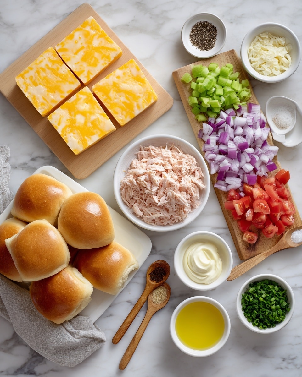 The image shows a collection of ingredients arranged neatly on a white marbled surface. In the top left, there are four square slices of Colby Jack cheese with a marbled yellow and white pattern. To the right, on a wooden cutting board, finely chopped green celery is placed at the top, with purple and white chopped red onions below it, and diced red Roma tomatoes at the bottom. Below the cutting board, a white bowl holds light pink tuna flakes. Surrounding the bowl are small white dishes and wooden spoons with various ingredients: a white dish with creamy mayonnaise, a small wooden spoon with light brown garlic powder, a small glass bowl with melted yellow butter, a white dish with green chives, a white dish with green sweet relish, and another small white dish with pale yellow lemon juice. Two small wooden spoons hold black pepper and white salt. At the bottom left, a cluster of soft, golden brown Hawaiian rolls is neatly arranged in a 3 by 4 pattern. photo taken with an iphone --ar 4:5 --v 7