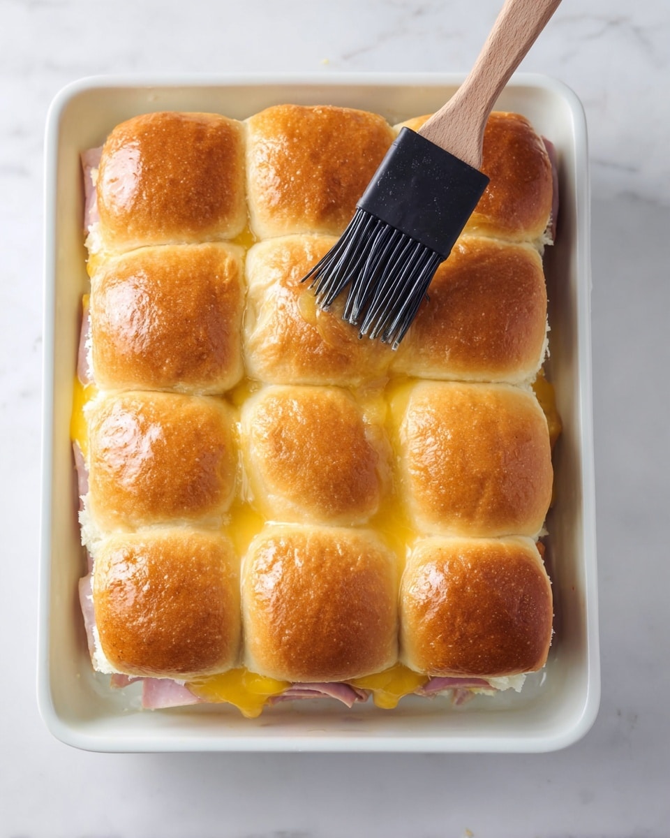 The image shows a white rectangular dish with a sandwich made from twelve soft, golden-brown slider rolls arranged in a 3x4 grid. The rolls have a shiny top and are slightly domed with smooth texture. A black cooking brush with a wooden handle is touching the bottom left roll, brushing a glaze or butter on it. Between the layers of bread, there is a visible yellow layer of melted cheese and a hint of light pink meat peeking out from the sides. The dish sits on a white marbled surface, giving a clean and bright background. Photo taken with an iphone --ar 4:5 --v 7