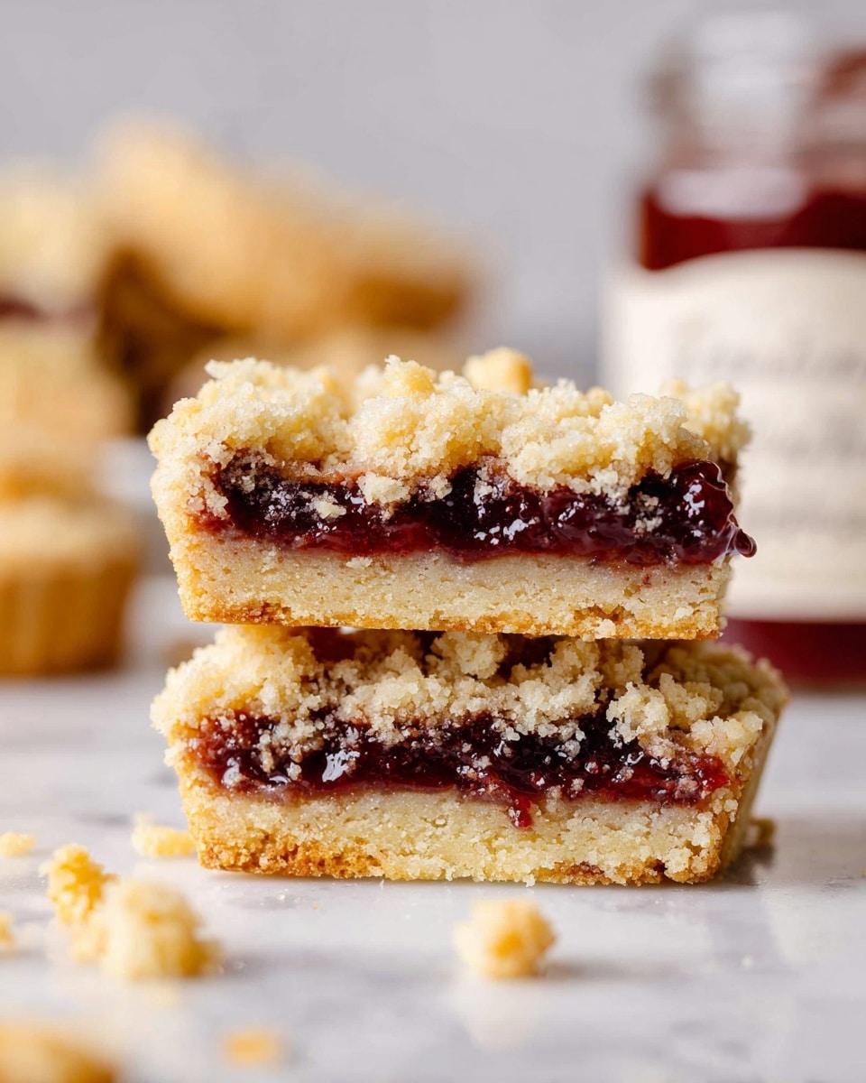 The image shows a group of five round crumb-topped muffins placed close together on a white wire cooling rack. Each muffin has three visible layers: a bottom light golden-baked cup-shaped crust, a middle dark jam filling that looks slightly glossy and thick, mostly covered by the crumb topping, and a top layer of pale golden crumb pieces that are uneven and strewn around, adding texture. The muffins have a rustic appearance with subtle red jam spots peeking through the crumbs. The surface under the rack is a soft white marbled texture. Photo taken with an iphone --ar 4:5 --v 7