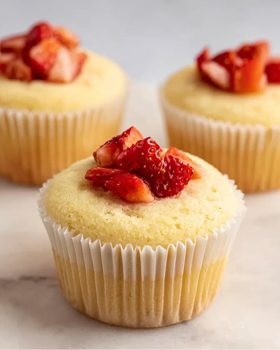 The image shows a close-up of yellowish cupcakes with a soft, crumbly texture. Each cupcake is in a white paper liner, which adds a neat and clean look. The top of the cupcakes has a small hollow filled with bright red strawberry pieces, which bring a fresh and juicy feel. The cupcakes rest on a white plate with subtle texture, placed on a white marbled surface that adds a bright and elegant background. One cupcake is in clear focus in the foreground, with parts of other cupcakes blurred in the background, giving depth to the picture. Photo taken with an iphone --ar 4:5 --v 7