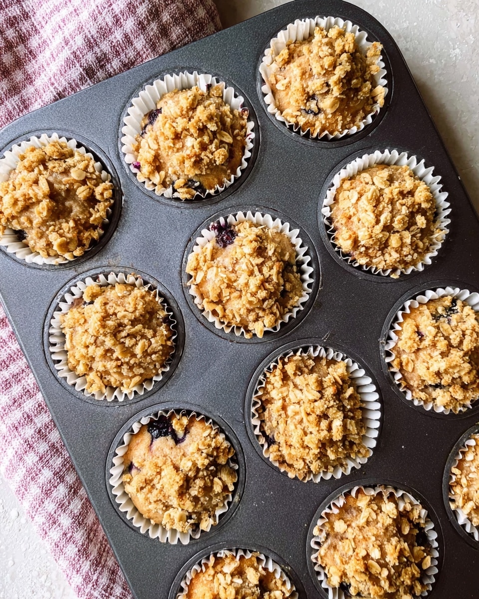 A dark gray metal muffin tray holds twelve white paper liners filled with light brown muffin batter that has small dark spots inside, likely blueberries. Each muffin is topped with a golden crumbly oat streusel with visible oats and small chunks, spread unevenly across the surface. The tray rests on a soft white marbled textured surface with a pink and white checkered cloth partially visible on the left side photo taken with an iphone --ar 4:5 --v 7