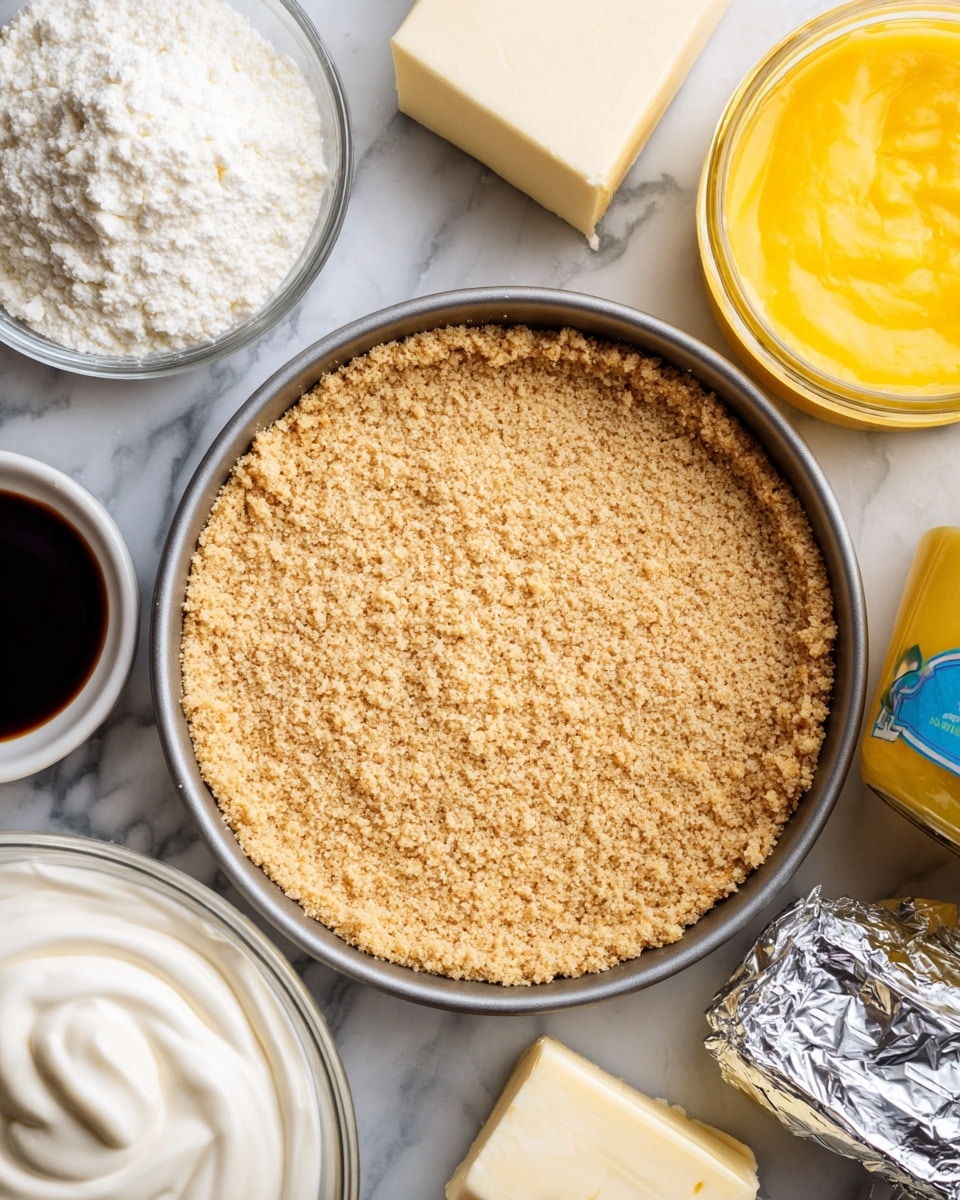 A close-up image shows a ready graham cracker crust in a silver tin with a crumbly beige texture, placed on a white marbled surface. Around it, there are four ingredients: a small clear glass measuring cup filled with thick white heavy whipping cream at the bottom left, a small round bowl with dark brown vanilla extract in the center, a block of cream cheese wrapped in silver foil at the bottom right, and a jar of bright yellow lemon curd with a blue and beige label on the right side. The setup shows the ingredients laid out neatly for making a lemon cheesecake or pie. Photo taken with an iphone --ar 4:5 --v 7