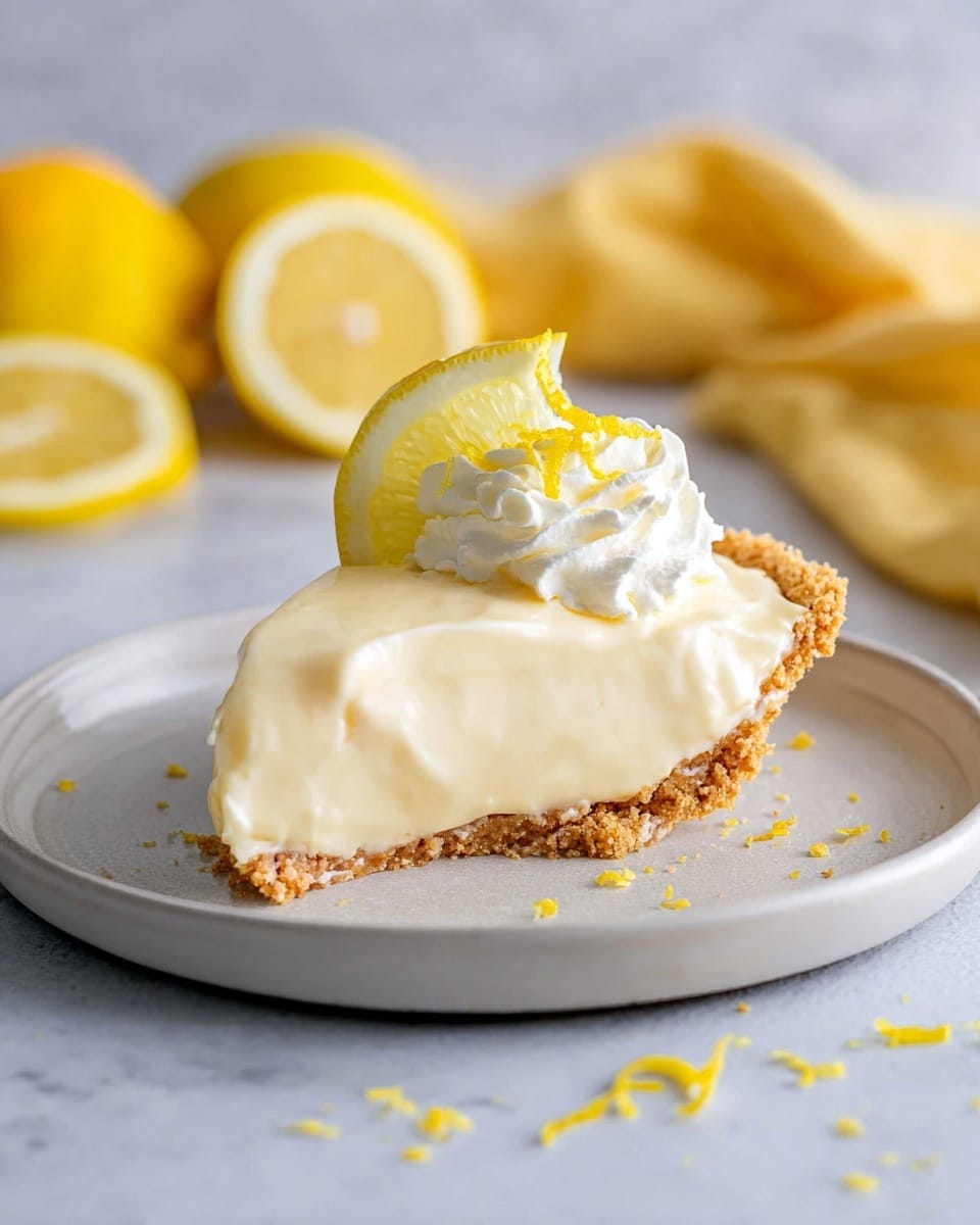 A single slice of lemon pie is placed on a white plate with a crumbly light brown crust at the bottom. The thick creamy yellow layer of lemon filling covers the crust fully, with a smooth texture and slightly shiny surface. On top, a swirl of white whipped cream sits near the back edge of the slice, topped with a thin, bright yellow lemon wedge and some small scattered pieces of lemon zest. The plate is set on a white marbled surface, with whole and sliced lemons blurred in the background and a soft yellow cloth adding color to the scene. Photo taken with an iphone --ar 4:5 --v 7