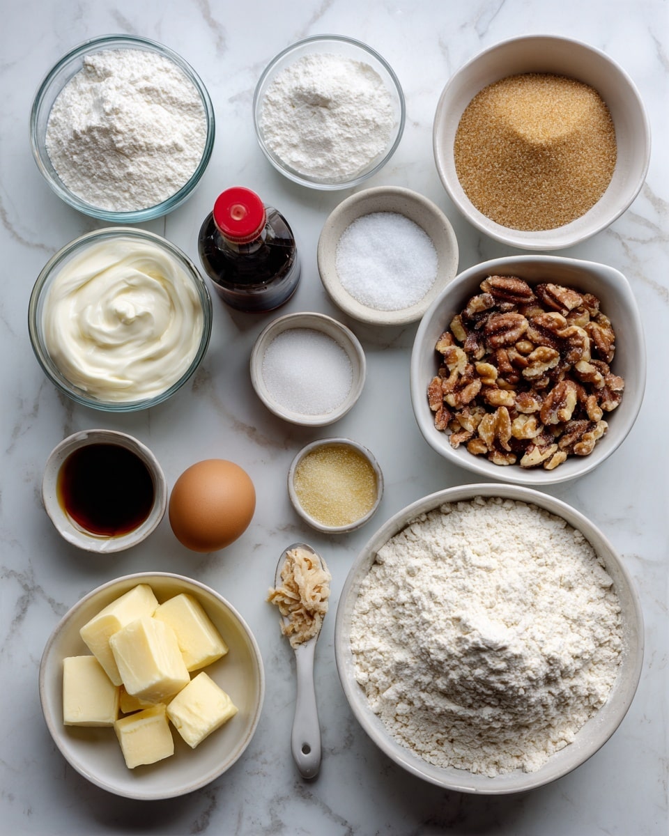 The image shows a flat lay of multiple clear glass and white ceramic bowls arranged on a white marbled surface, each filled with different baking ingredients. From top left to bottom right, there is a small clear bowl of baking soda next to a small clear bowl of baking powder, a small white bowl of salt, a medium white bowl of brown sugar with a coarse texture, a large clear bowl of smooth Greek yogurt, a small dark bottle of maple extract with a red cap, a small clear bowl of milk, a medium clear bowl of powdered confectioners’ sugar, a light brown egg, a medium white bowl filled with chopped nuts in different light and dark brown shades, a clear glass cup of dark maple syrup, a small white dish of coarse sugar with rough, irregular crystals, a small white bowl of cubed pale yellow butter, and a large white bowl filled with all-purpose flour that has a soft, powdery look. Each element is clearly labeled with simple black text on white backgrounds, evenly spaced and neatly arranged. The scene is softly lit, creating natural shadows and highlights that bring gentle depth to the textures and colors of the ingredients. Photo taken with an iphone --ar 4:5 --v 7