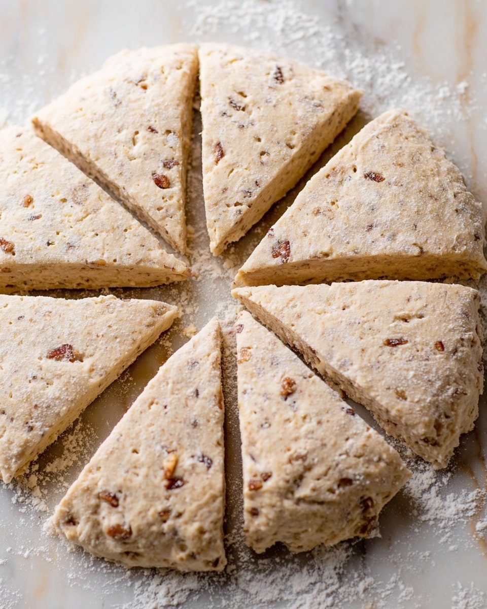 A round dough divided into eight triangular pieces rests on a white marbled surface dusted with flour; the dough is light beige with small brown nut pieces embedded throughout, showing a rough, slightly crumbly texture. Photo taken with an iphone --ar 4:5 --v 7
