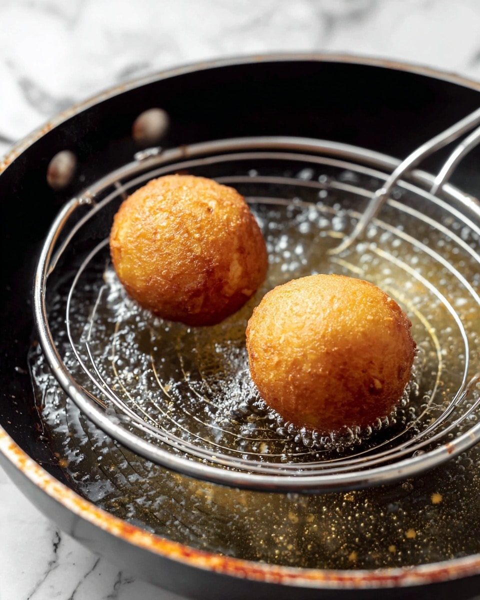 The image shows two round, golden-brown fried balls being lifted from hot oil in a black pan using a silver wire skimmer. The balls have a crispy texture and even coloring, with tiny bubbles on the surface, indicating they are freshly fried. The oil in the pan is dark and bubbling, and the edge of the pan is slightly worn with a rusty rim. The background surface has a white marbled texture. Photo taken with an iphone --ar 4:5 --v 7