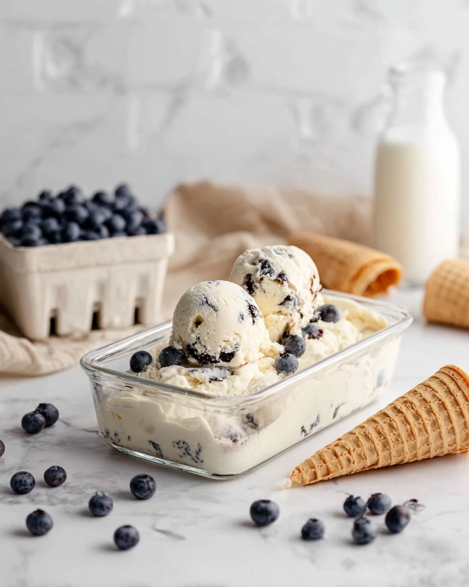 The image shows a clear rectangular glass dish filled with creamy white ice cream mixed with small dark blueberries. On top of the ice cream, there are three round scoops with visible blueberry pieces inside, and one scoop is inside a light brown waffle cone laying sideways on the ice cream. Another empty light brown waffle cone lies on the white marbled surface next to the dish. Scattered blueberries are spread around the dish and cone. In the background, there is a white container filled with blueberries, a small glass bottle of milk, and a beige cloth, all placed on a white marbled surface and against a white marbled wall. Photo taken with an iphone --ar 4:5 --v 7