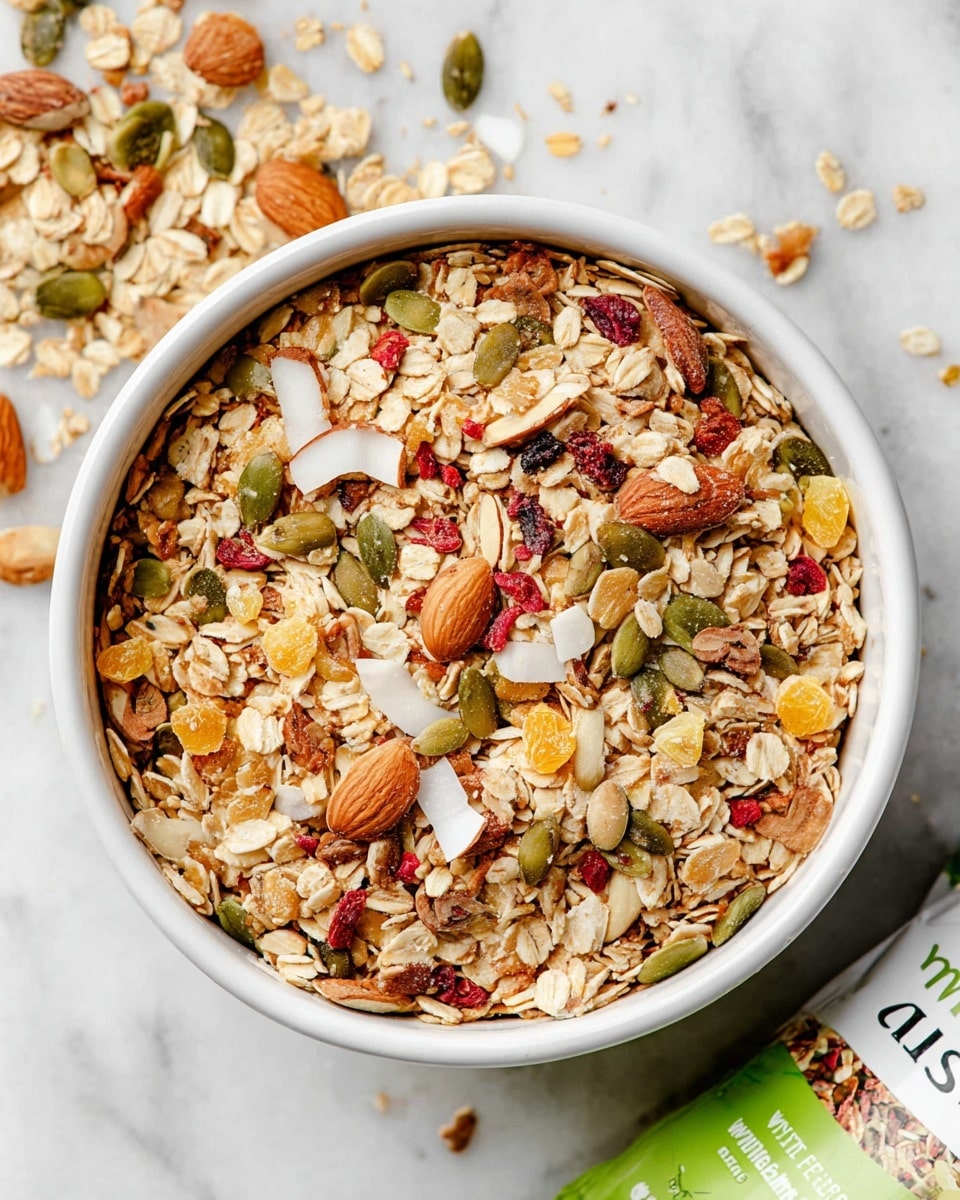 A white bowl filled with a mixture of dry granola layers; the base layer is made of light beige rolled oats, scattered with small slices of light brown almonds, green pumpkin seeds, white coconut flakes, and small bright orange dried fruit pieces. There are also tiny red dried berry bits spread evenly throughout the mix, adding spots of bright color. The bowl sits on a white marbled surface with some granola crumbs scattered around it, and a packet of the museli with green and white packaging partly visible next to the bowl. photo taken with an iphone --ar 4:5 --v 7