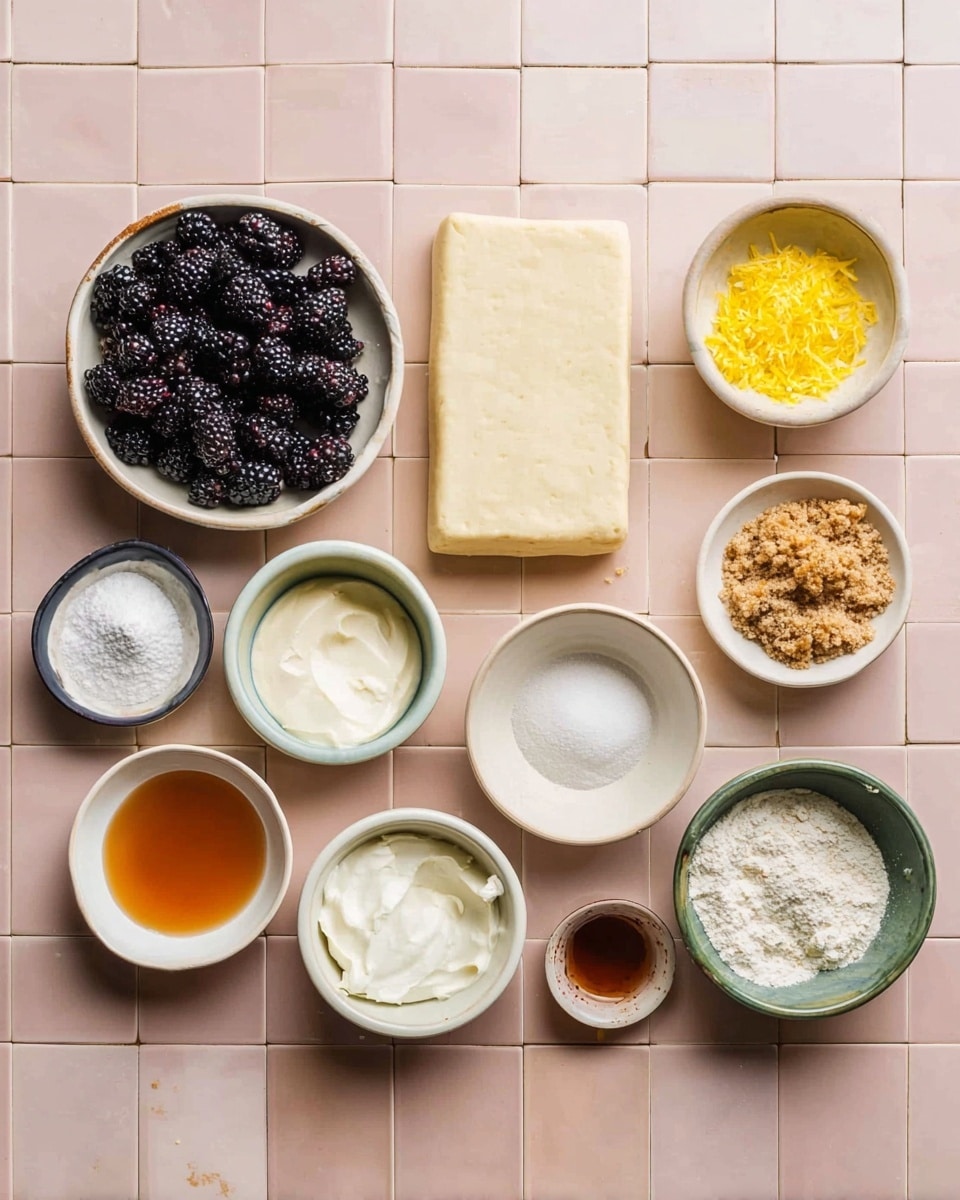 A top-down view shows a collection of small white bowls and dishes with different ingredients on a pale pink tile surface. Starting from the left, there is a bowl full of dark blackberries with a shiny texture. Next to it, there are bowls with white sugar, bright yellow lemon zest, and smooth white cream cheese. Toward the center, there is a rectangular sheet of light beige dough. Around it, small bowls contain liquid ingredients in amber, light brown, and orange colors, as well as a bowl with a light brown crumbly mix and another with white powdered sugar. The arrangement is neat, with each bowl spaced out clearly. photo taken with an iphone --ar 4:5 --v 7